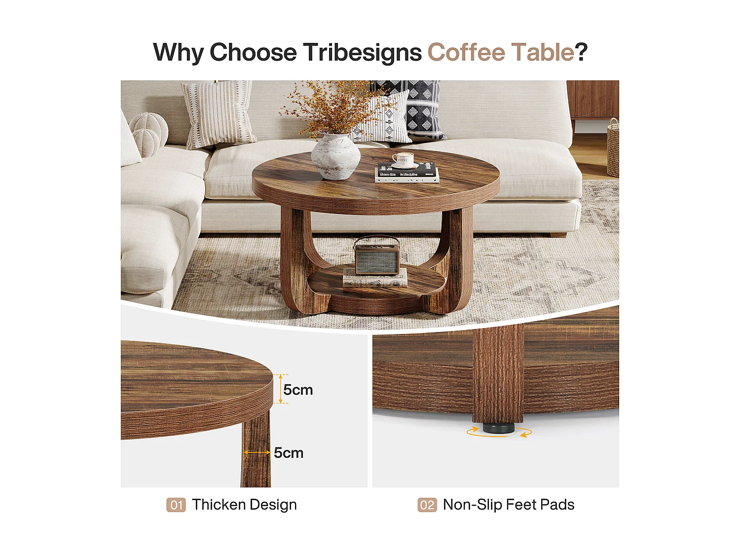 Okrągły stolik kawowy, 2-poziomowy stolik kawowy w kształcie koła ze schowkiem, nowoczesny stolik akcentowy do salonu