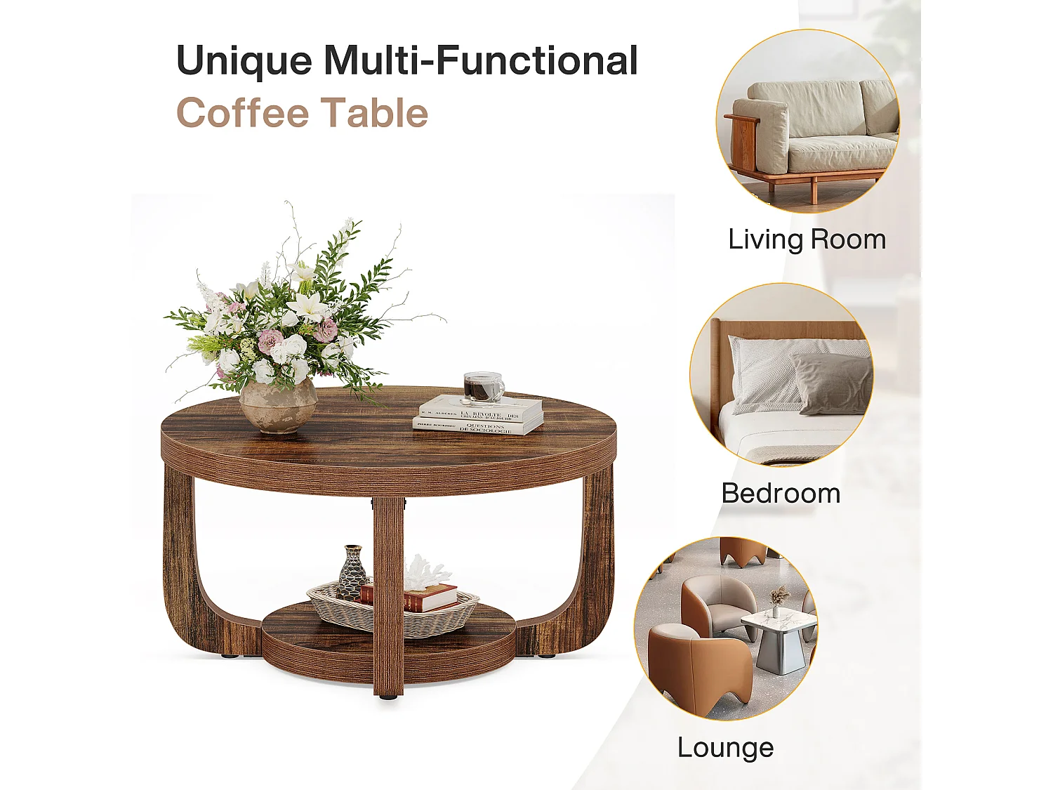 Okrągły stolik kawowy, 2-poziomowy stolik kawowy w kształcie koła ze schowkiem, nowoczesny stolik akcentowy do salonu