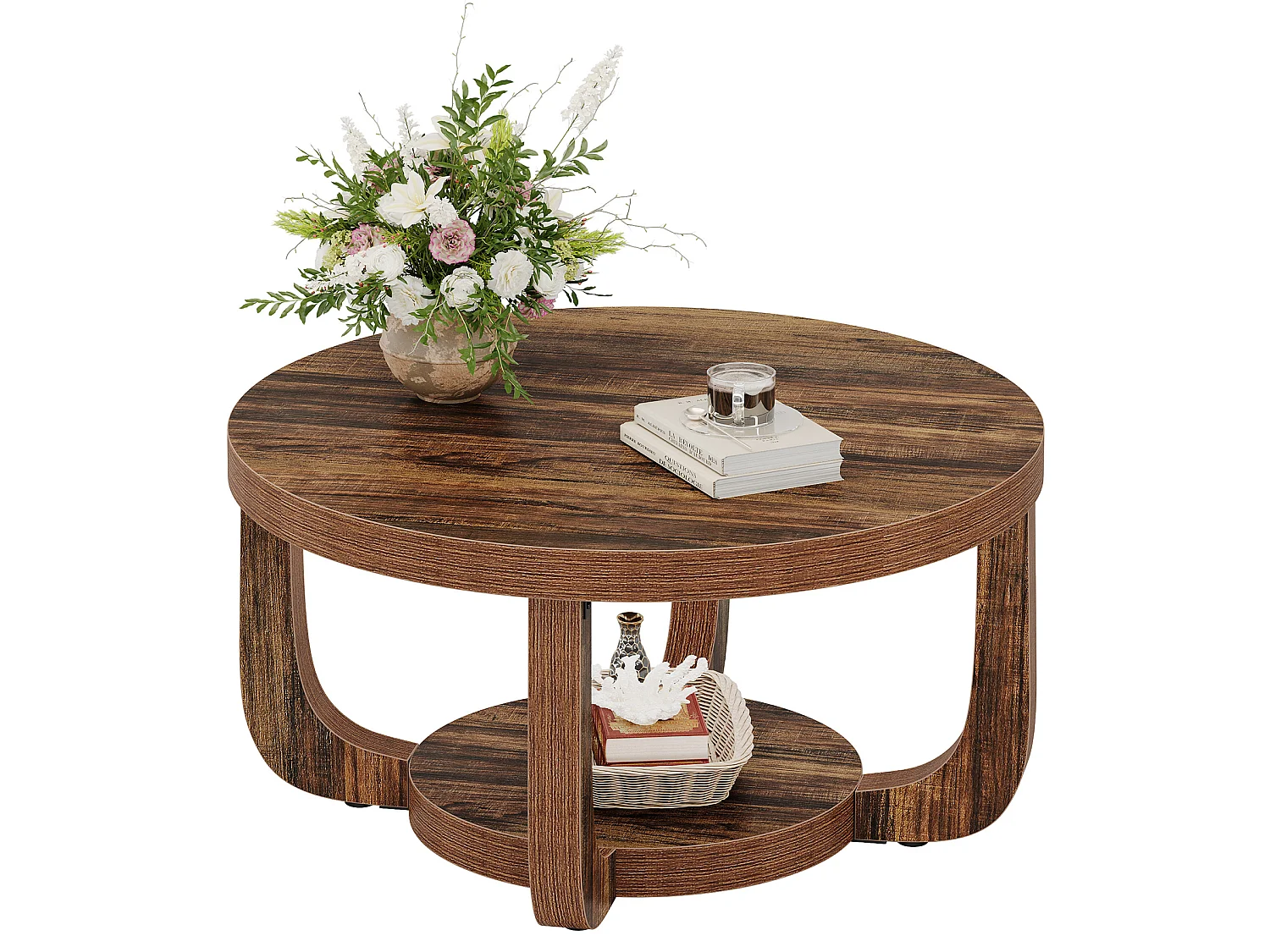 Table basse ronde à 2 niveaux avec rangement, table d'appoint moderne pour salon