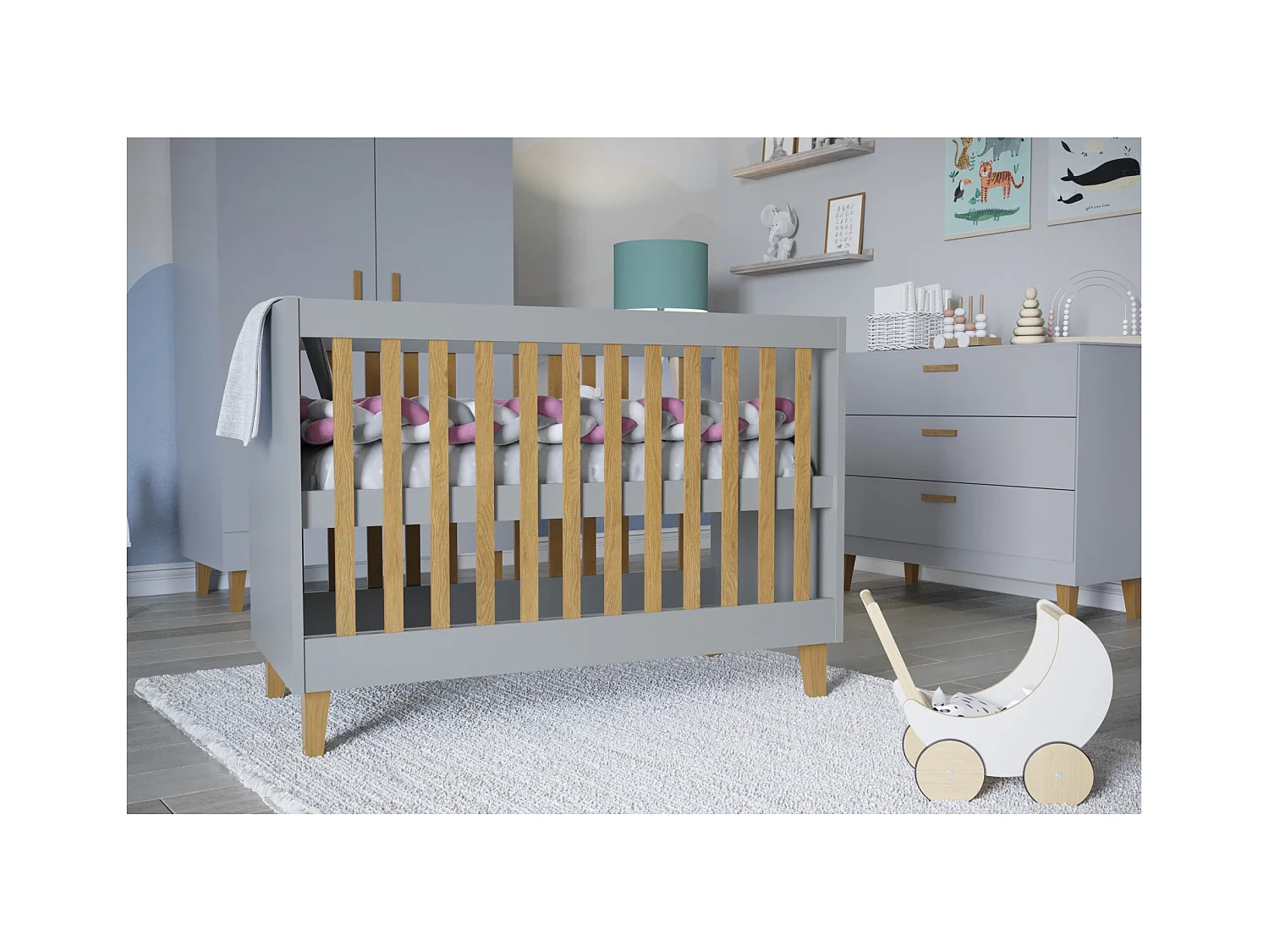 Cuna gris con patas de madera de roble Blanka 60x120 cm