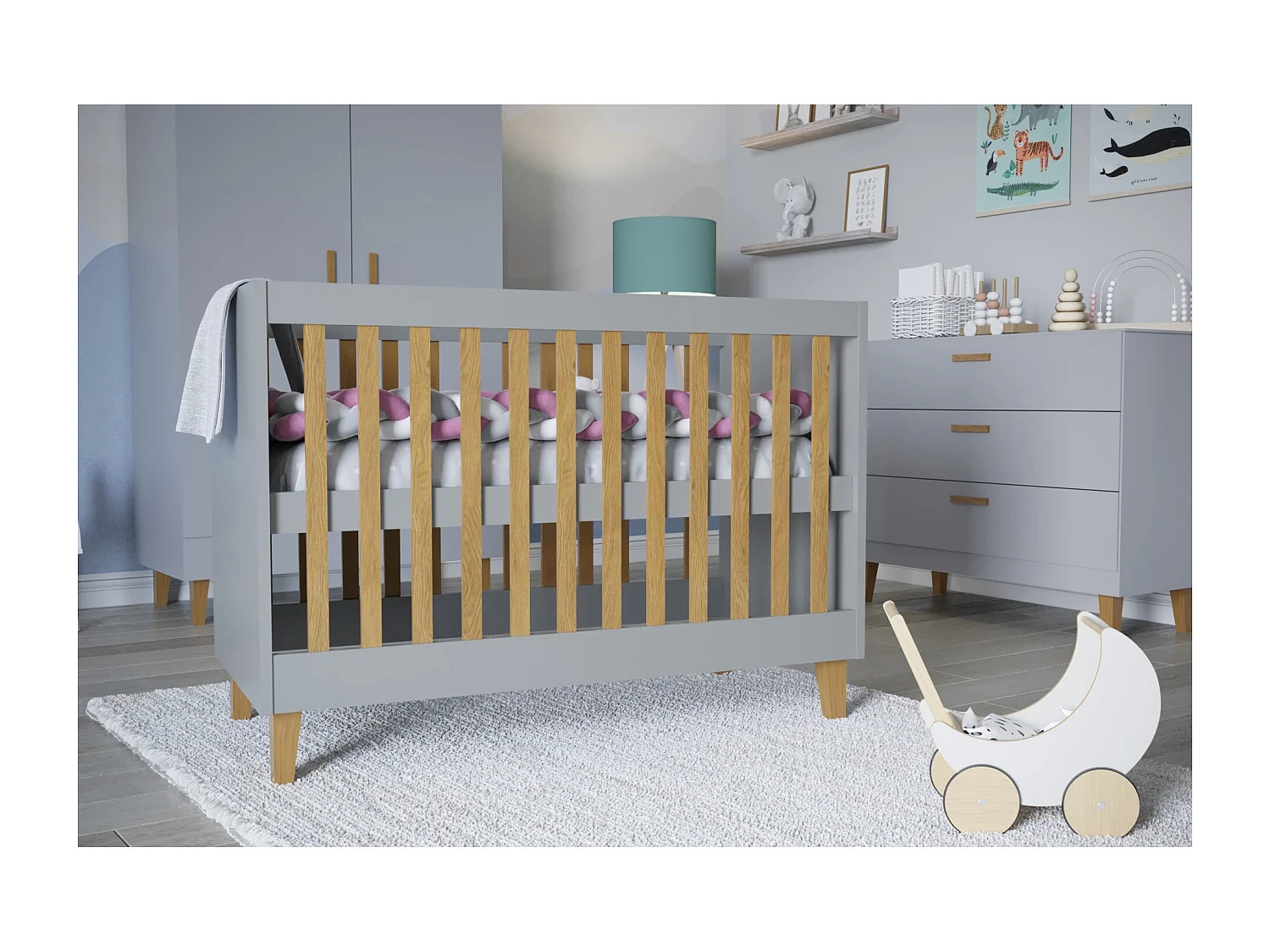 Cuna gris con patas de madera de roble Blanka 60x120 cm