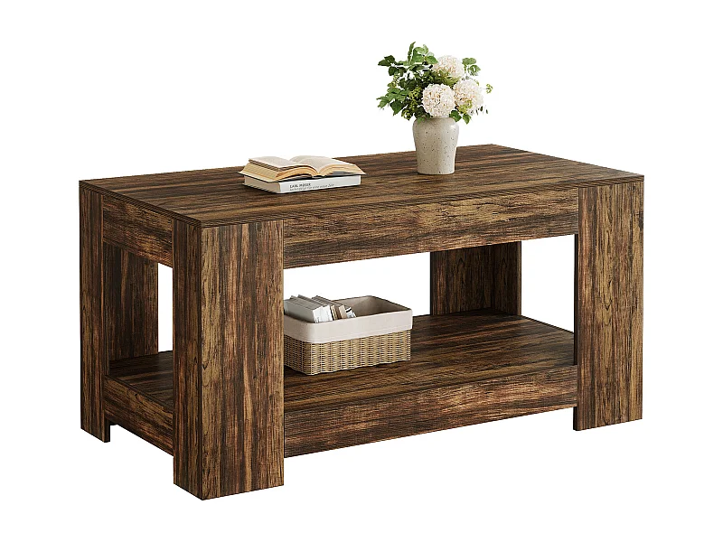 Tables basses de style ferme, table centrale rustique simple à deux niveaux avec rangement pour salon, marron foncé, montage facile