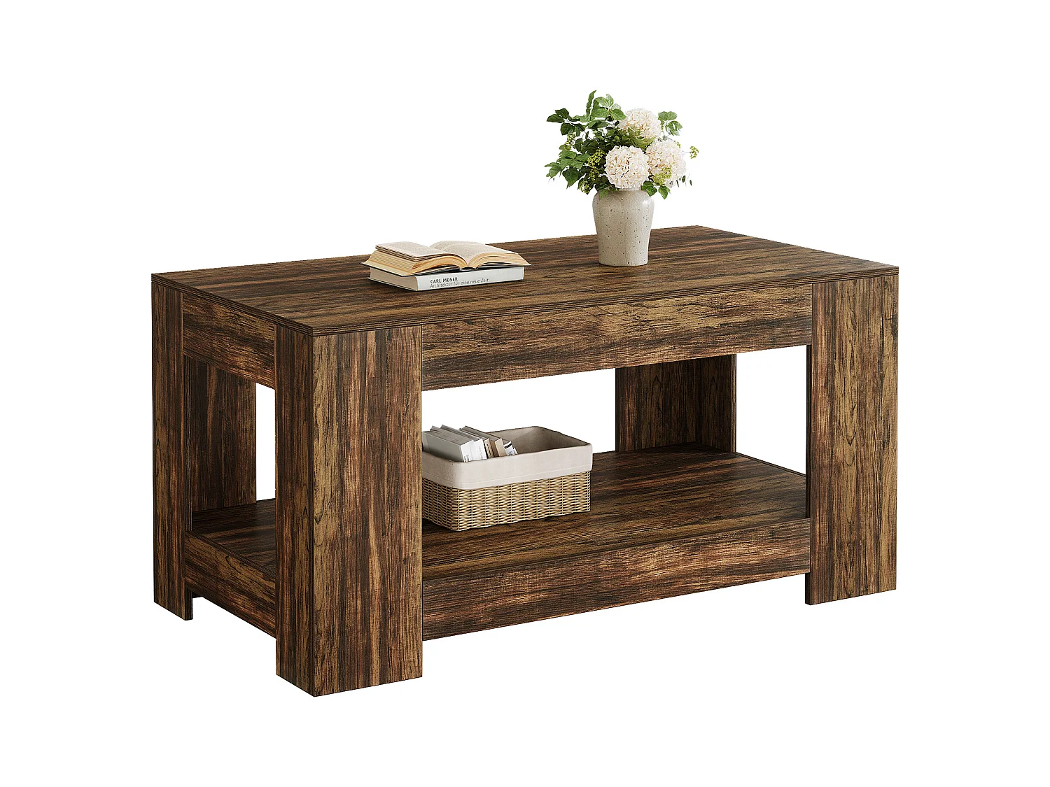Tables basses de style ferme, table centrale rustique simple à deux niveaux avec rangement pour salon, marron foncé, montage facile