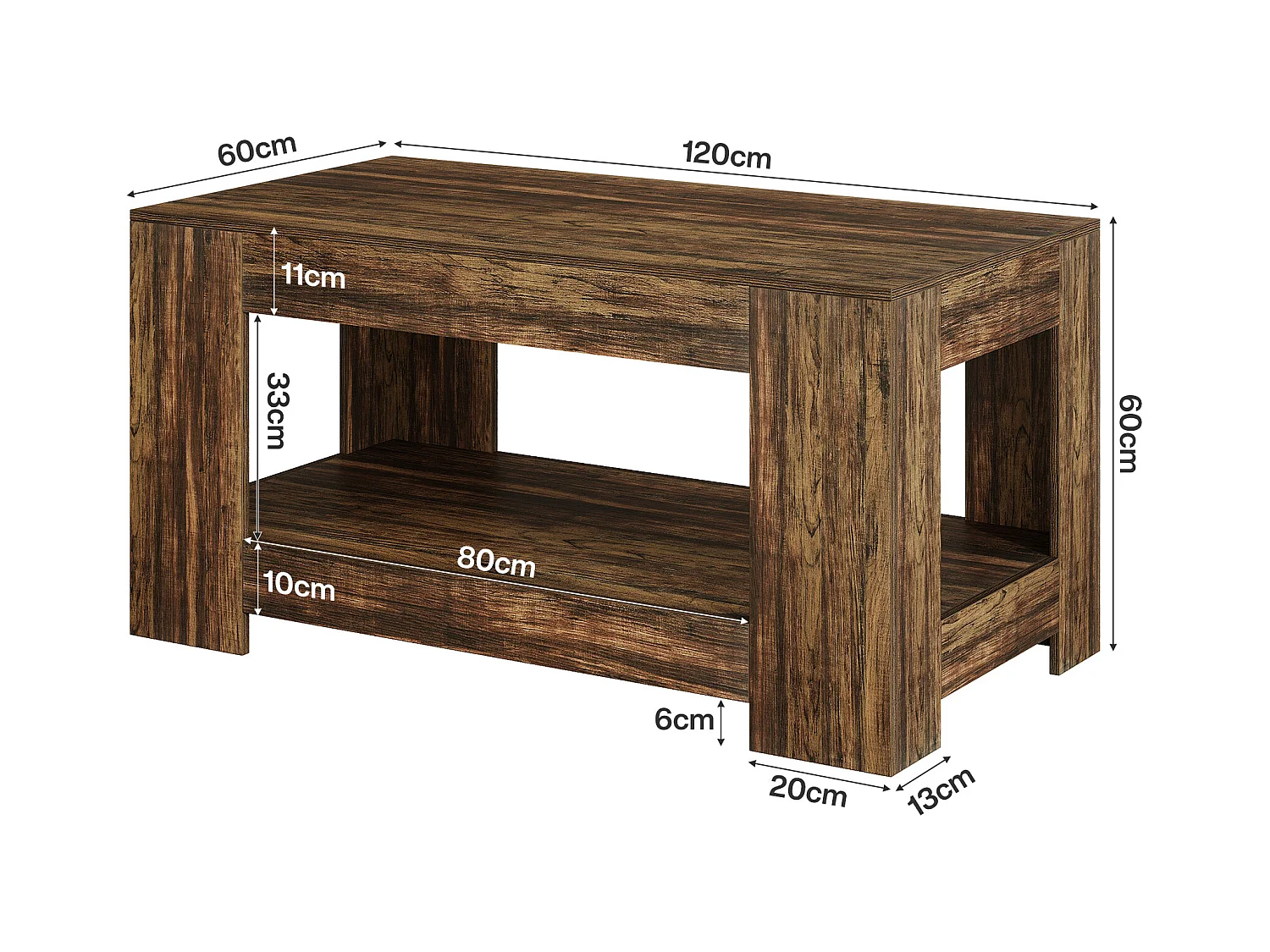 Tables basses de style ferme, table centrale rustique simple à deux niveaux avec rangement pour salon, marron foncé, montage facile
