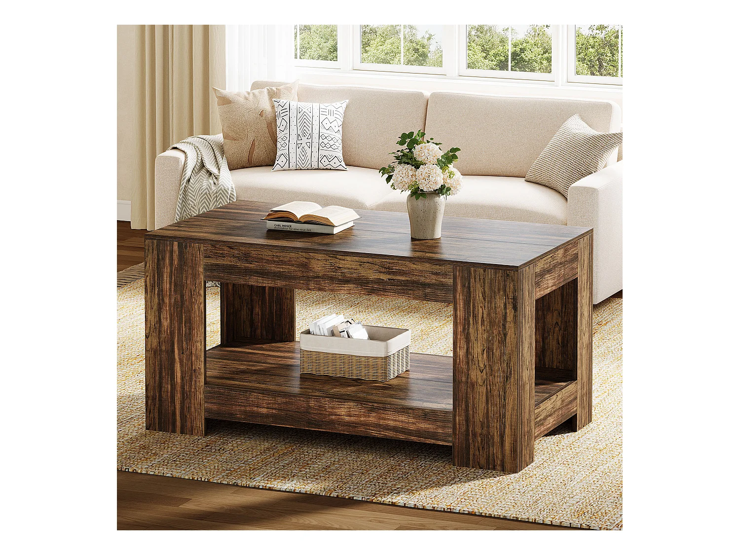 Tables basses de style ferme, table centrale rustique simple à deux niveaux avec rangement pour salon, marron foncé, montage facile