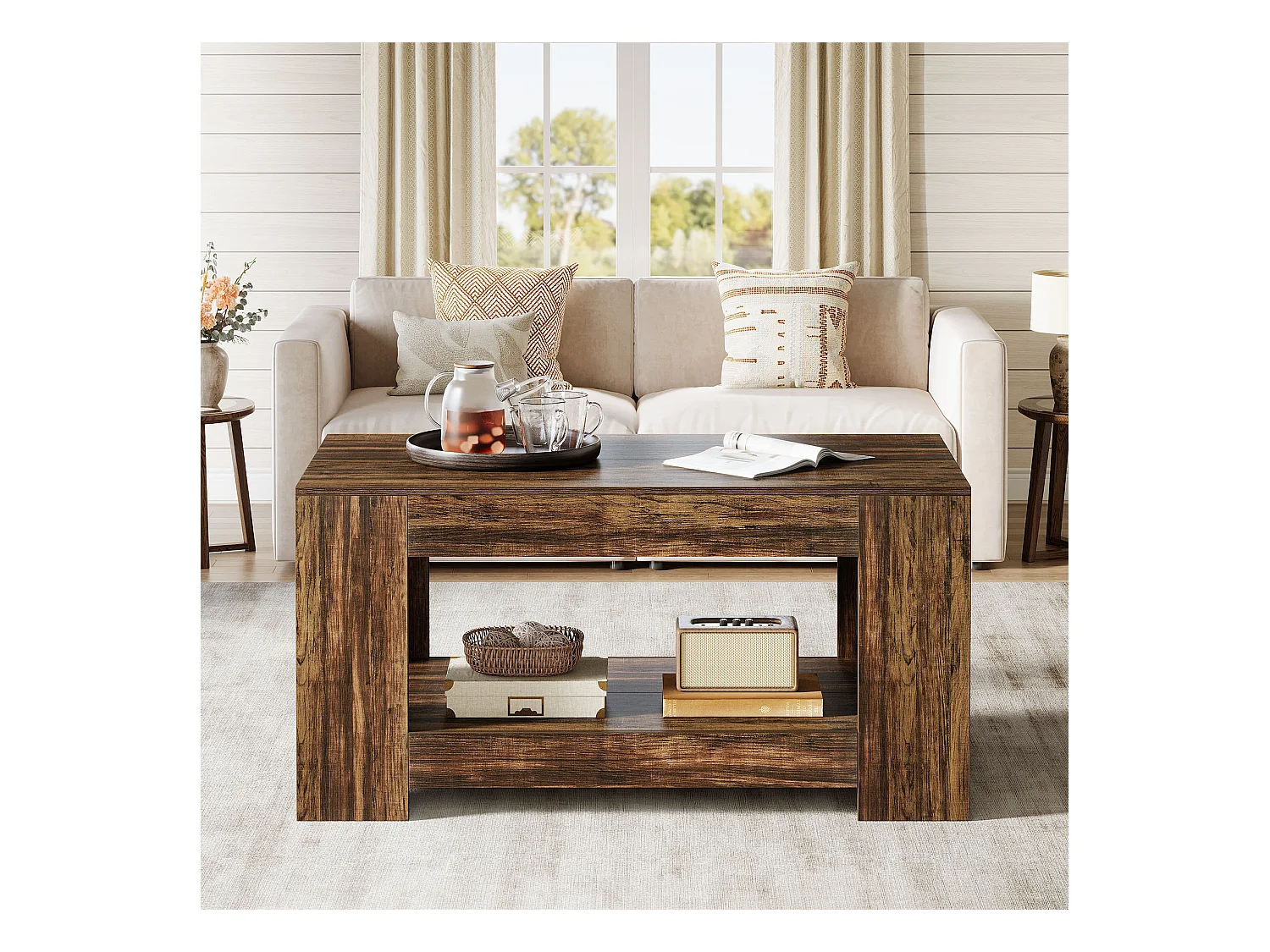 Tables basses de style ferme, table centrale rustique simple à deux niveaux avec rangement pour salon, marron foncé, montage facile