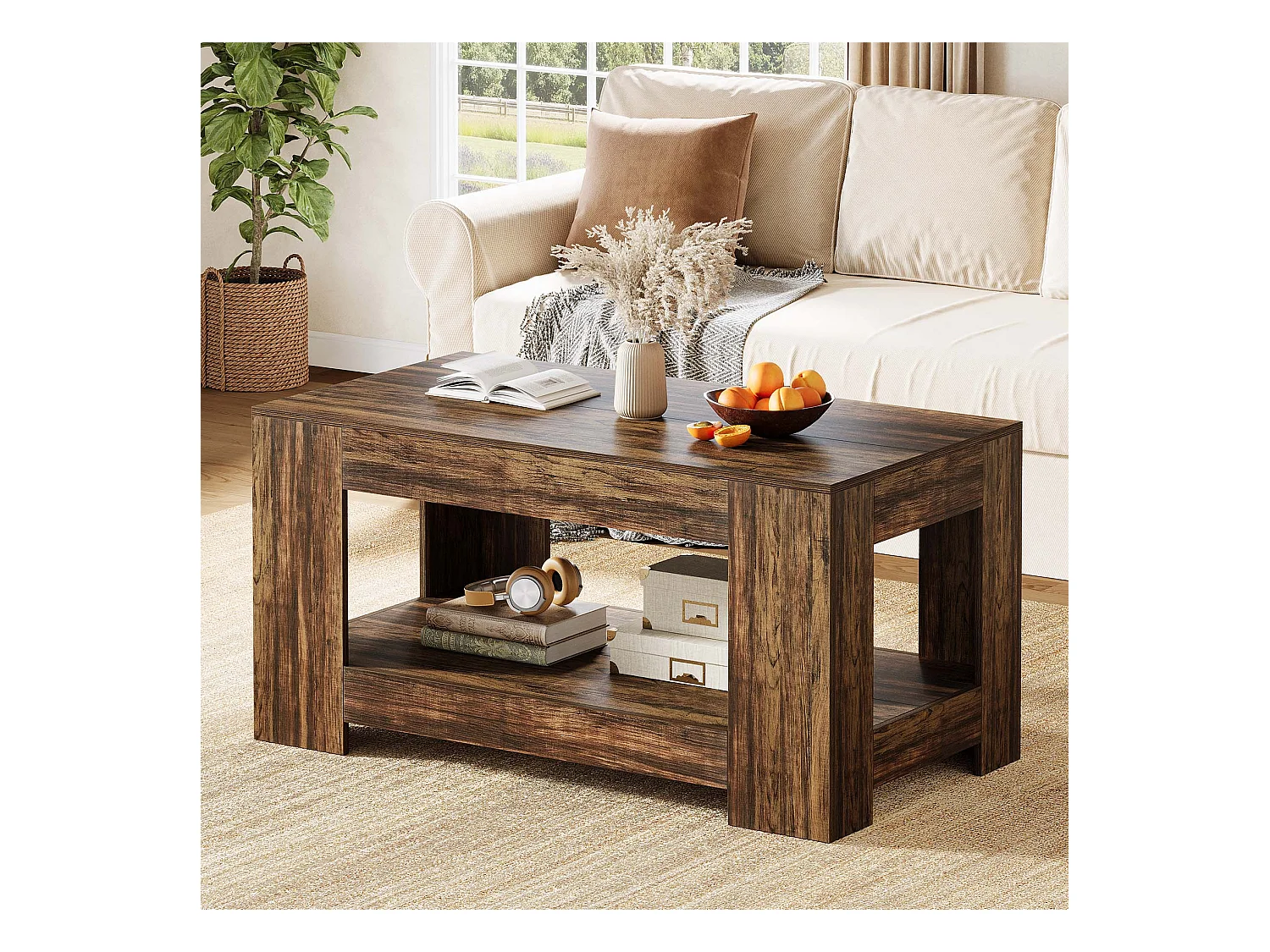 Tables basses de style ferme, table centrale rustique simple à deux niveaux avec rangement pour salon, marron foncé, montage facile