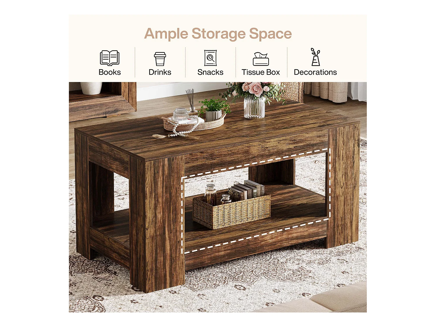 Tables basses de style ferme, table centrale rustique simple à deux niveaux avec rangement pour salon, marron foncé, montage facile