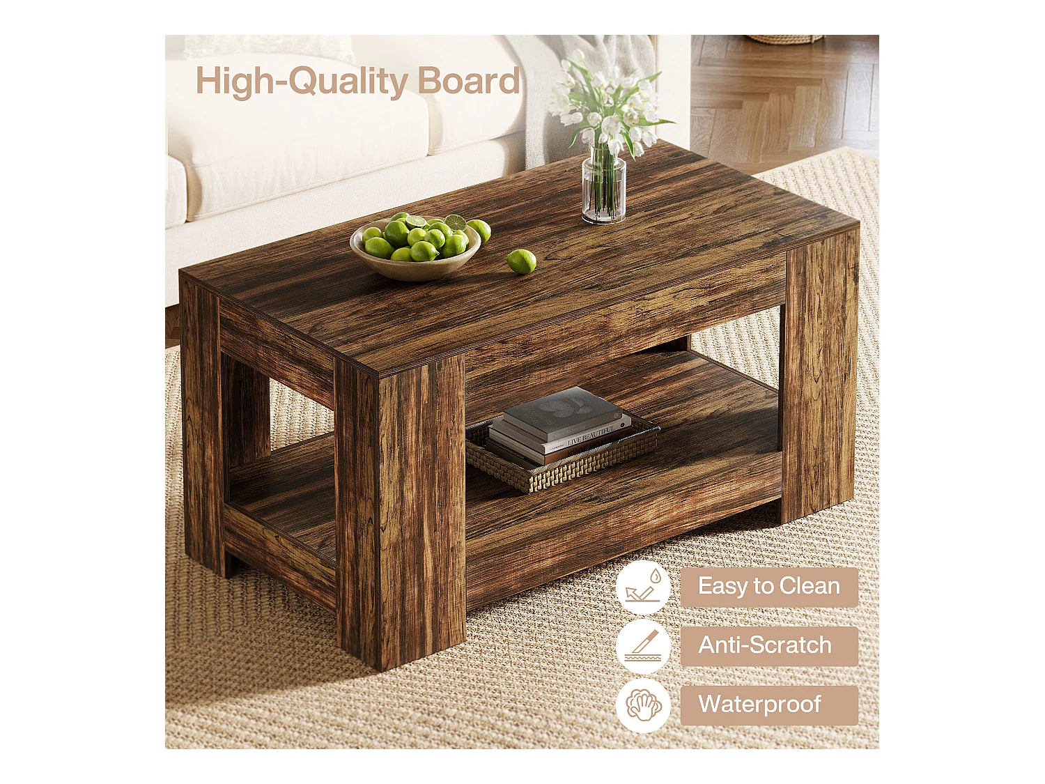Tables basses de style ferme, table centrale rustique simple à deux niveaux avec rangement pour salon, marron foncé, montage facile