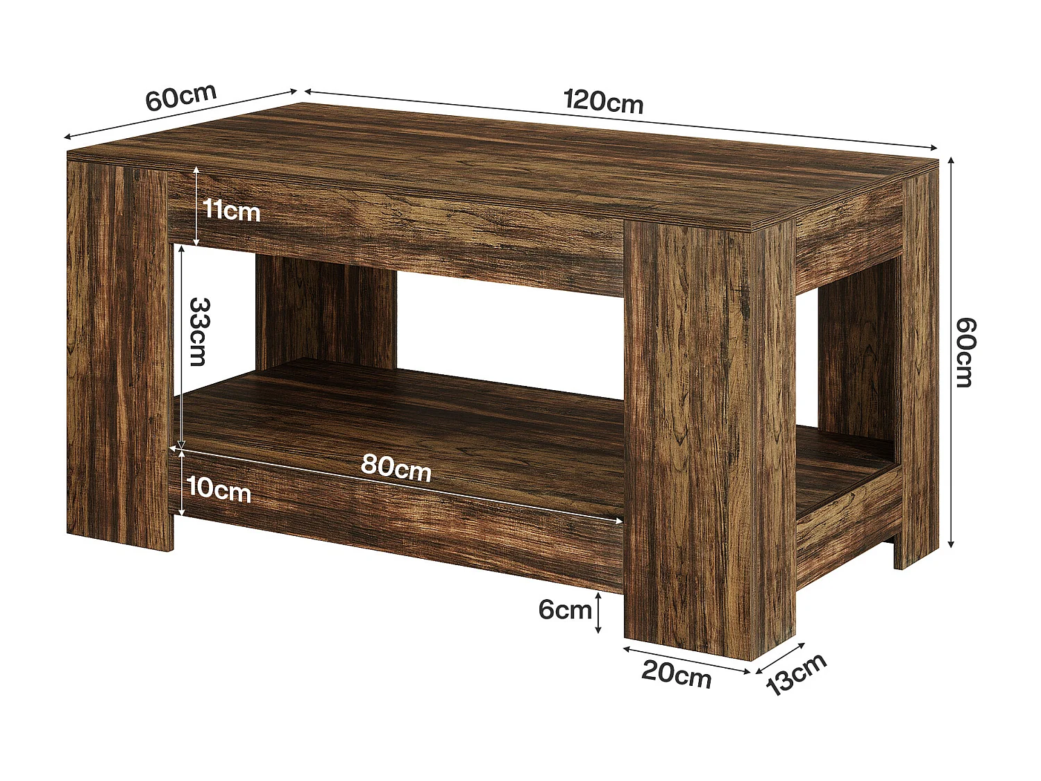 Tables basses de style ferme, table centrale rustique simple à deux niveaux avec rangement pour salon, marron foncé, montage facile