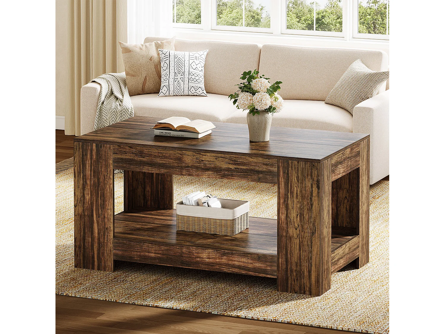 Tables basses de style ferme, table centrale rustique simple à deux niveaux avec rangement pour salon, marron foncé, montage facile