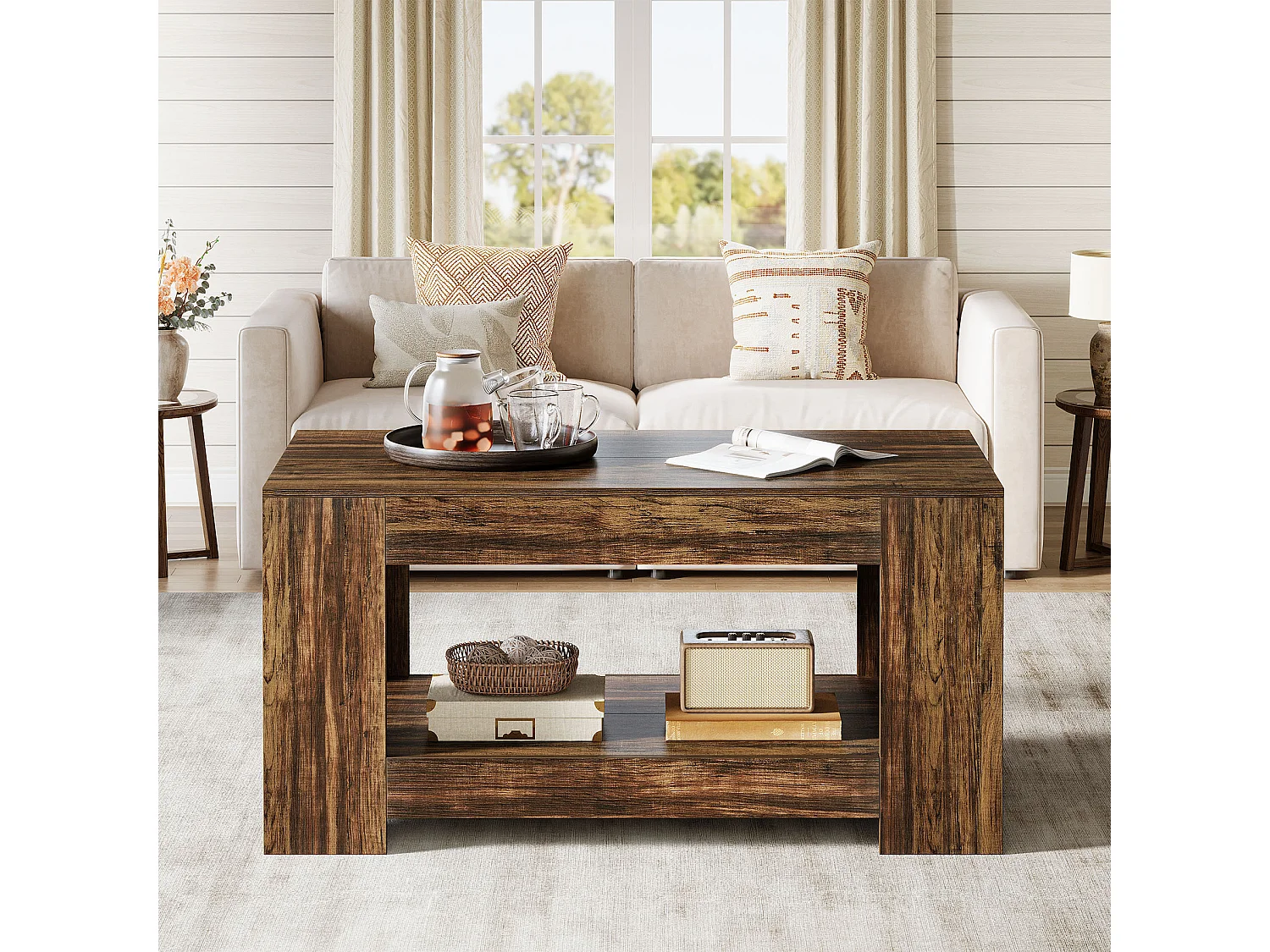 Tables basses de style ferme, table centrale rustique simple à deux niveaux avec rangement pour salon, marron foncé, montage facile