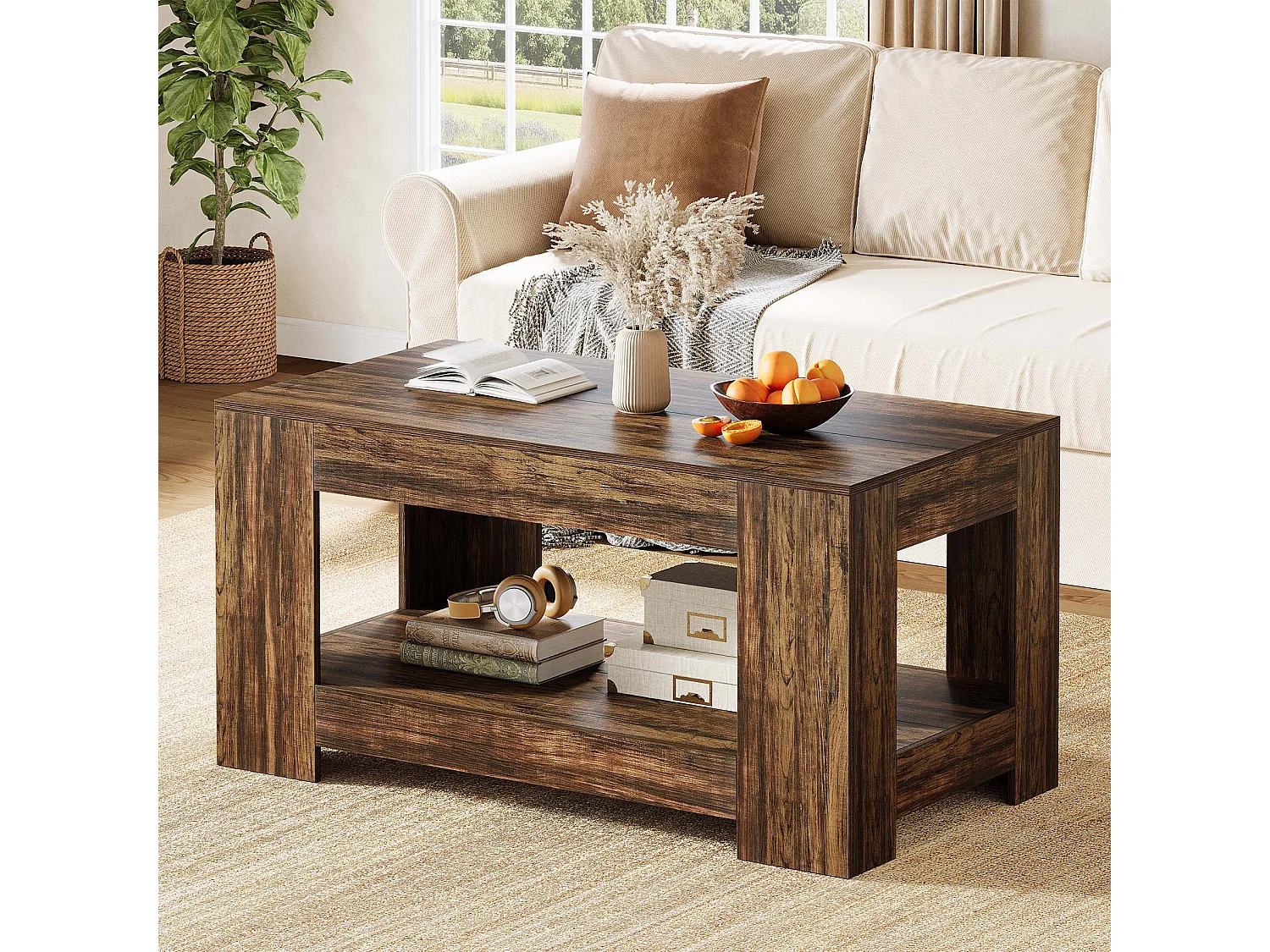 Tables basses de style ferme, table centrale rustique simple à deux niveaux avec rangement pour salon, marron foncé, montage facile