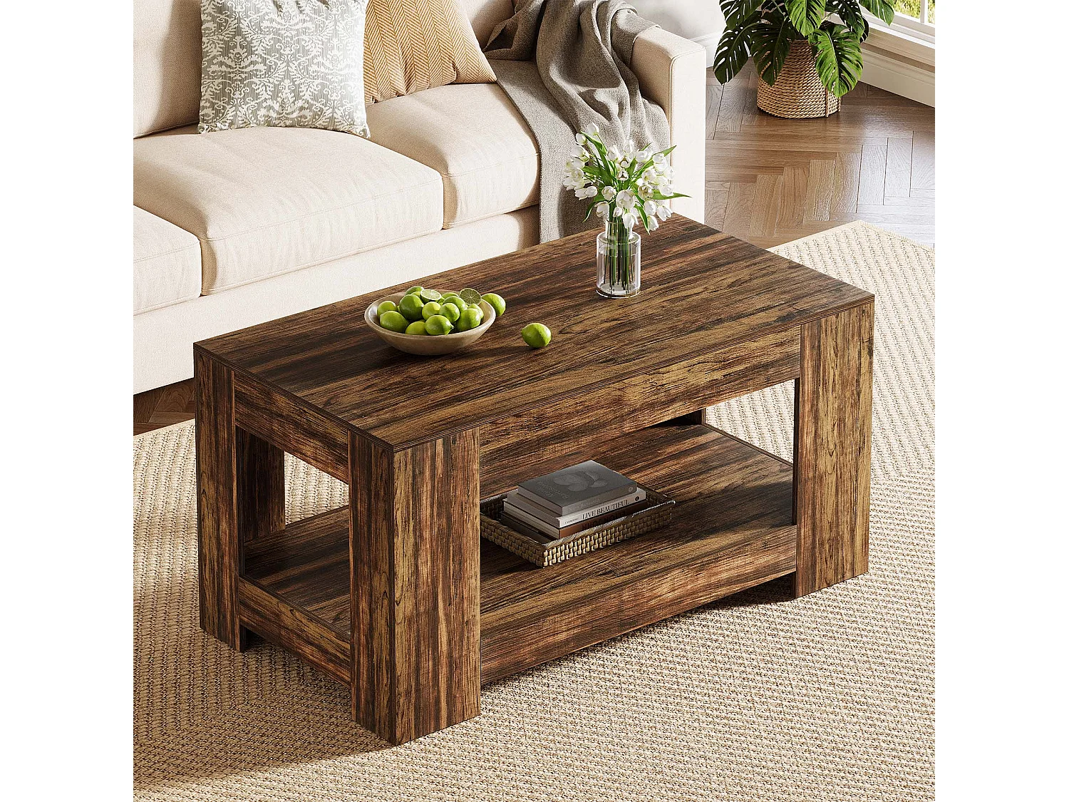 Tables basses de style ferme, table centrale rustique simple à deux niveaux avec rangement pour salon, marron foncé, montage facile