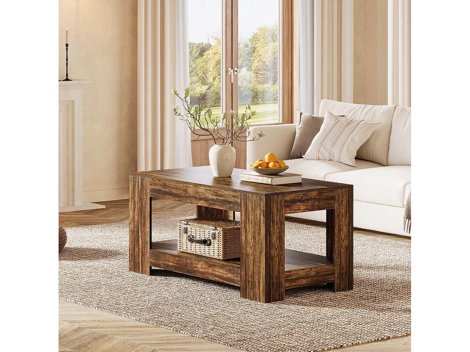 Tables basses de style ferme, table centrale rustique simple à deux niveaux avec rangement pour salon, marron foncé, montage facile