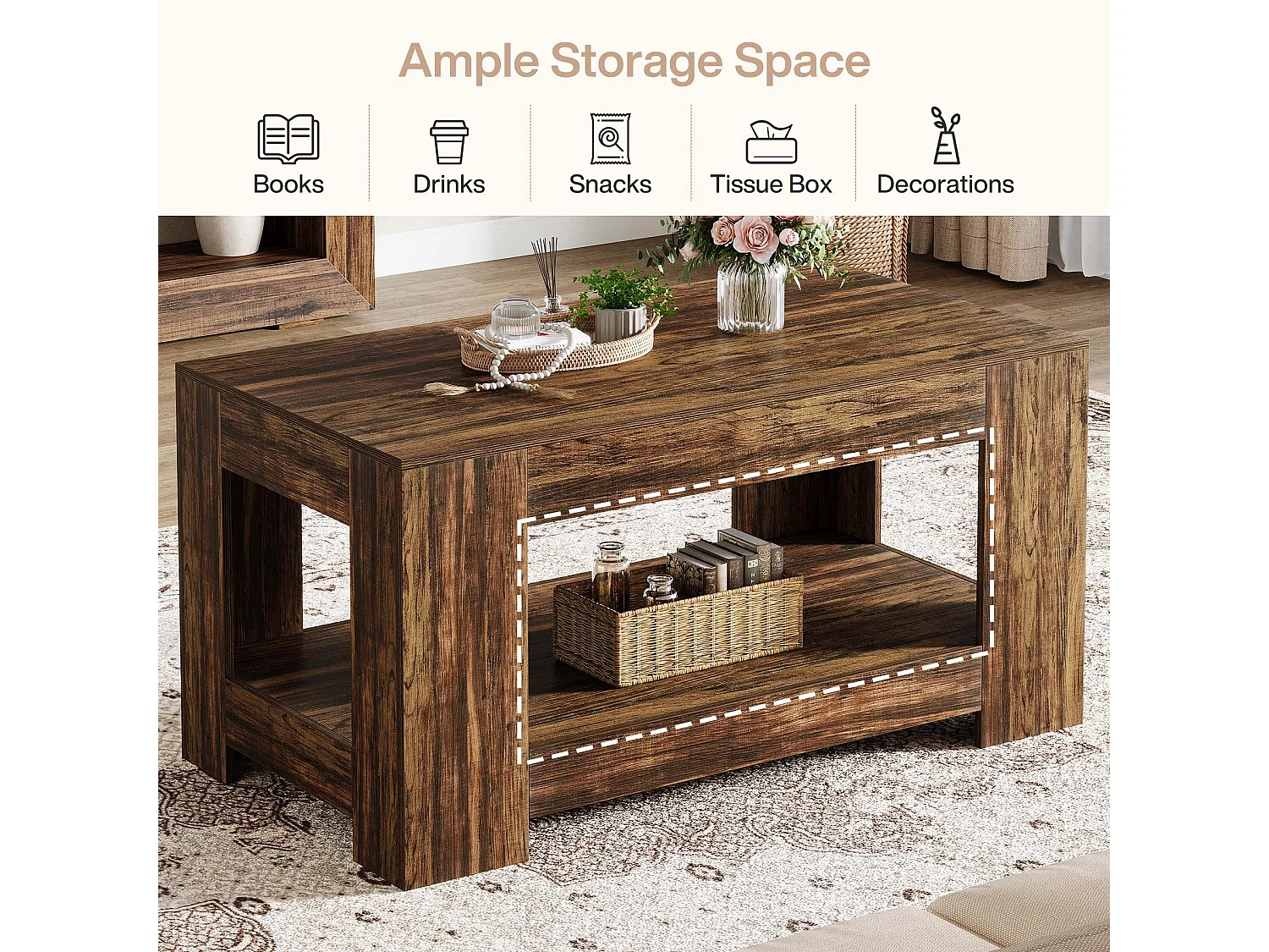 Tables basses de style ferme, table centrale rustique simple à deux niveaux avec rangement pour salon, marron foncé, montage facile