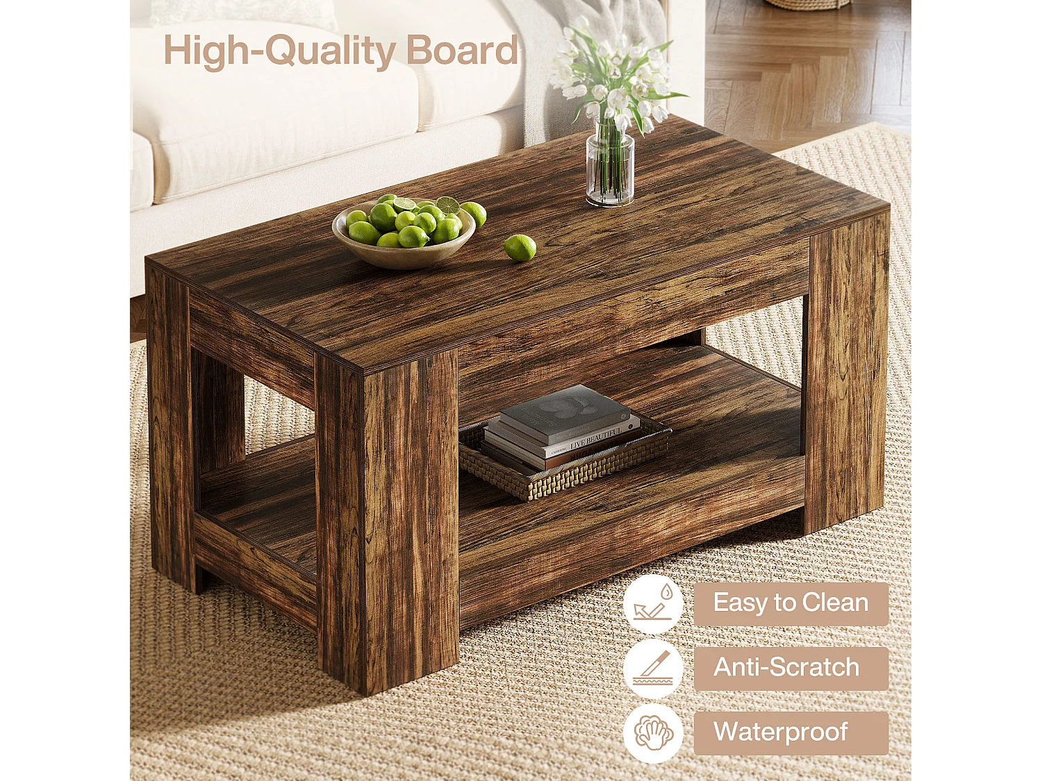 Tables basses de style ferme, table centrale rustique simple à deux niveaux avec rangement pour salon, marron foncé, montage facile