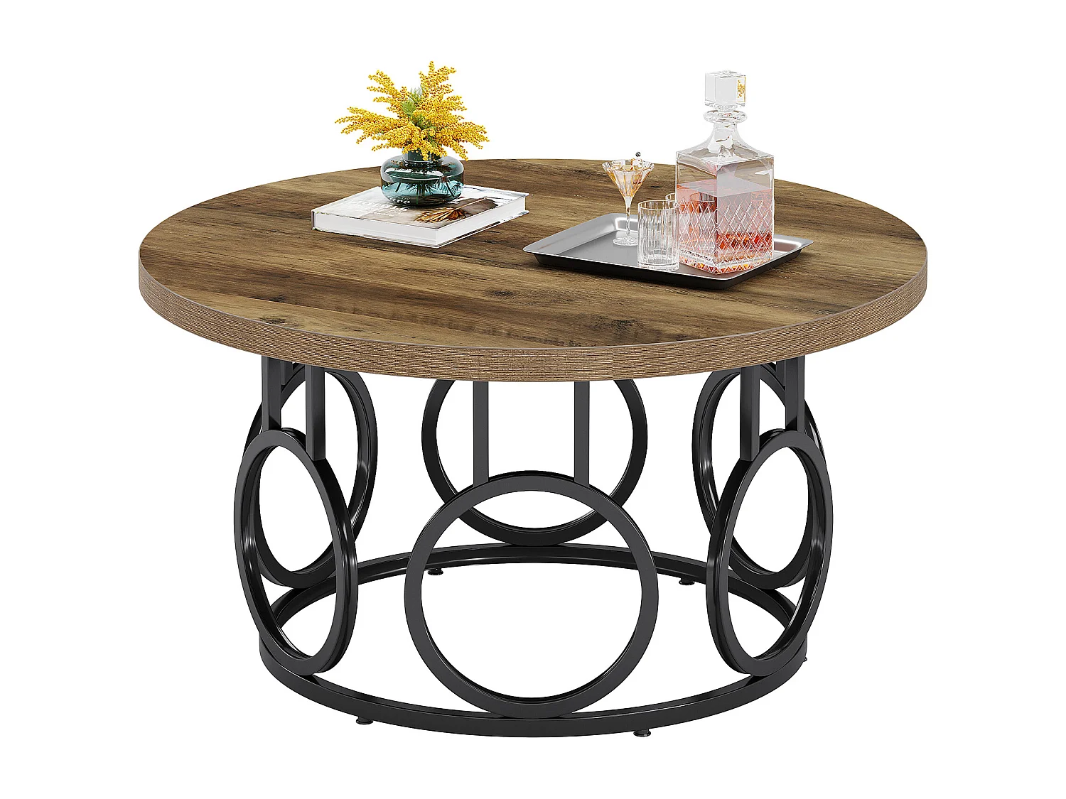 Ronde salontafel van 80 cm, rustieke ronde salontafel met metalen onderstel, industriële accentmeubels