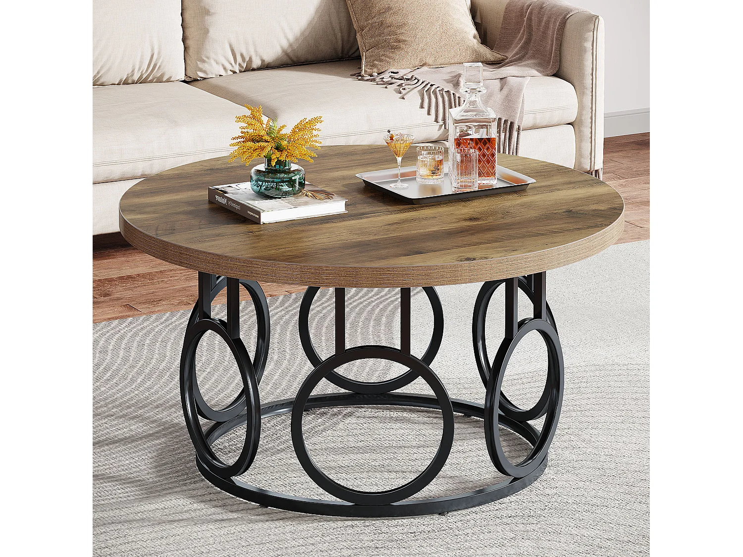 Ronde salontafel van 80 cm, rustieke ronde salontafel met metalen onderstel, industriële accentmeubels