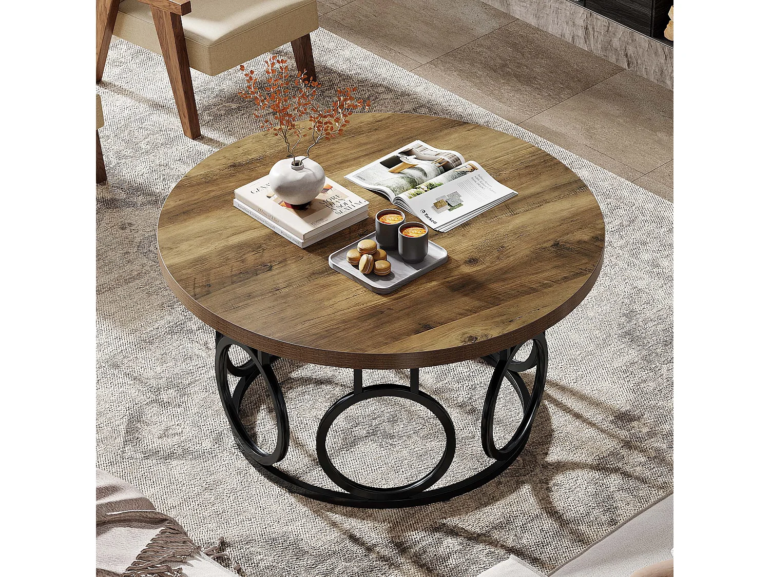 Ronde salontafel van 80 cm, rustieke ronde salontafel met metalen onderstel, industriële accentmeubels