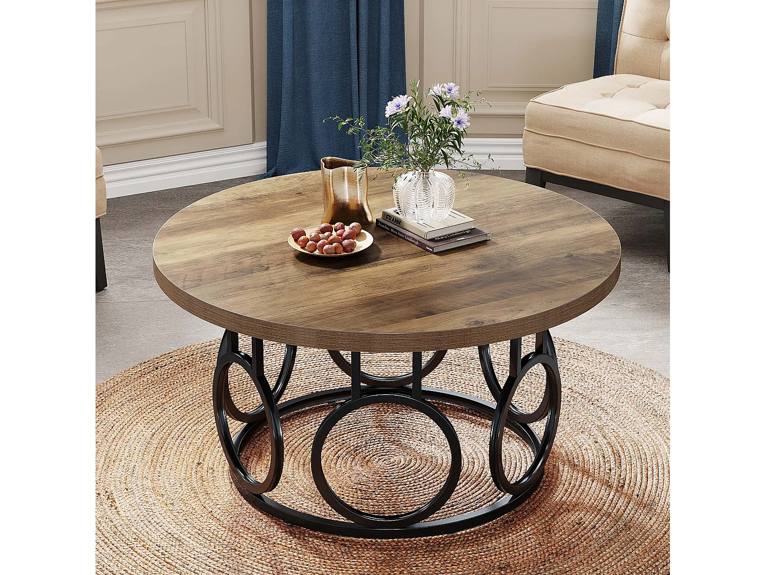 Ronde salontafel van 80 cm, rustieke ronde salontafel met metalen onderstel, industriële accentmeubels