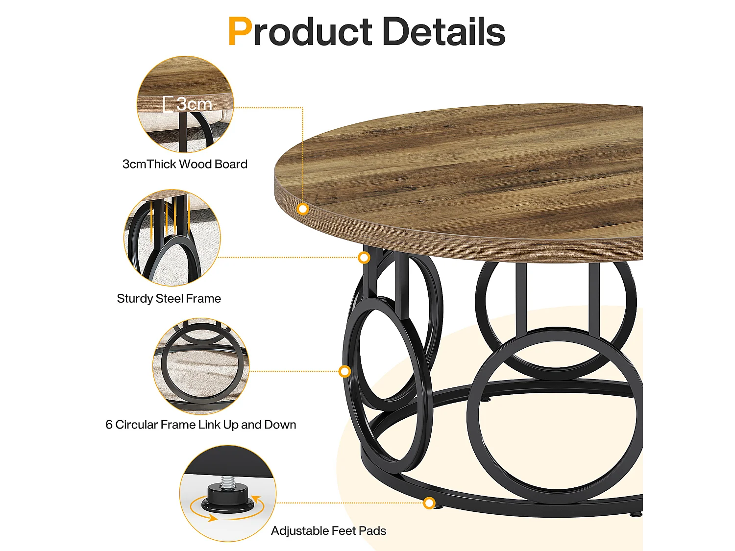 Ronde salontafel van 80 cm, rustieke ronde salontafel met metalen onderstel, industriële accentmeubels