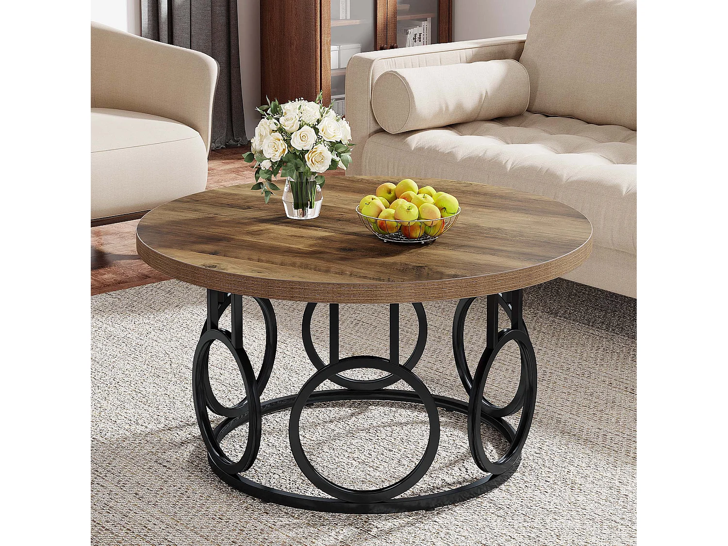 Table basse ronde de 80 cm, table basse circulaire rustique avec base en métal, meuble d'appoint industriel