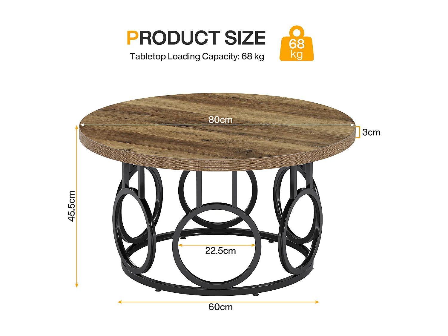 Table basse ronde de 80 cm, table basse circulaire rustique avec base en métal, meuble d'appoint industriel
