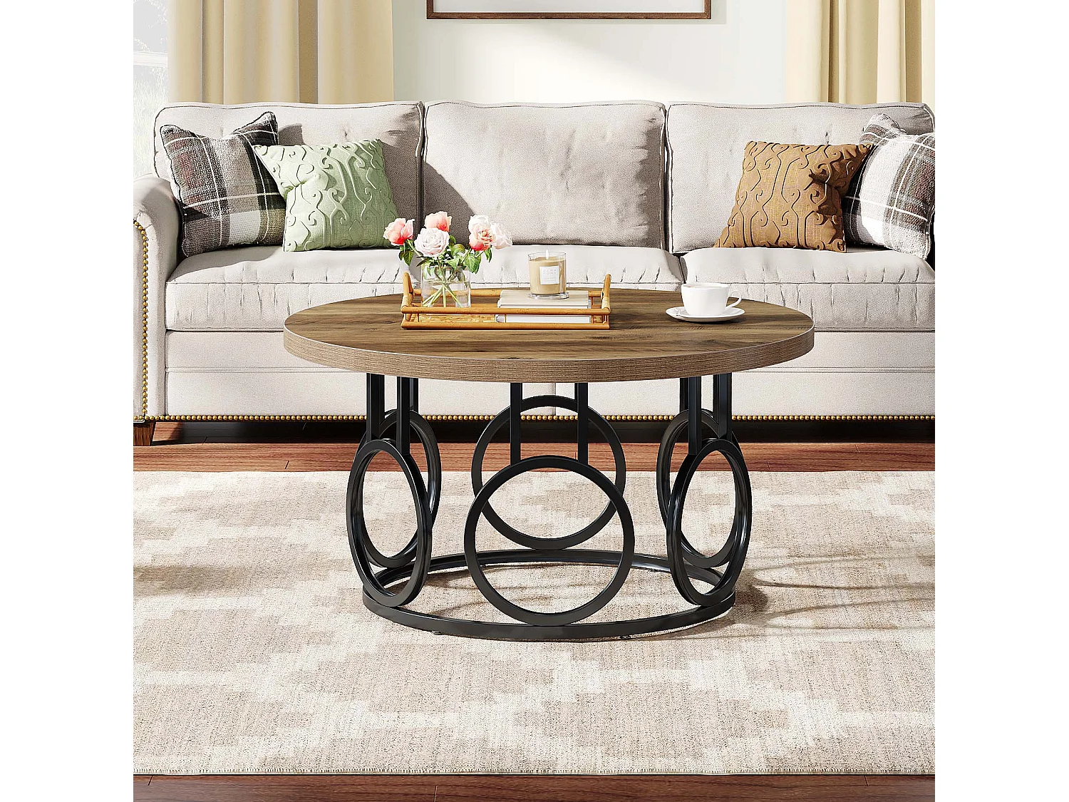 Table basse ronde de 80 cm, table basse circulaire rustique avec base en métal, meuble d'appoint industriel