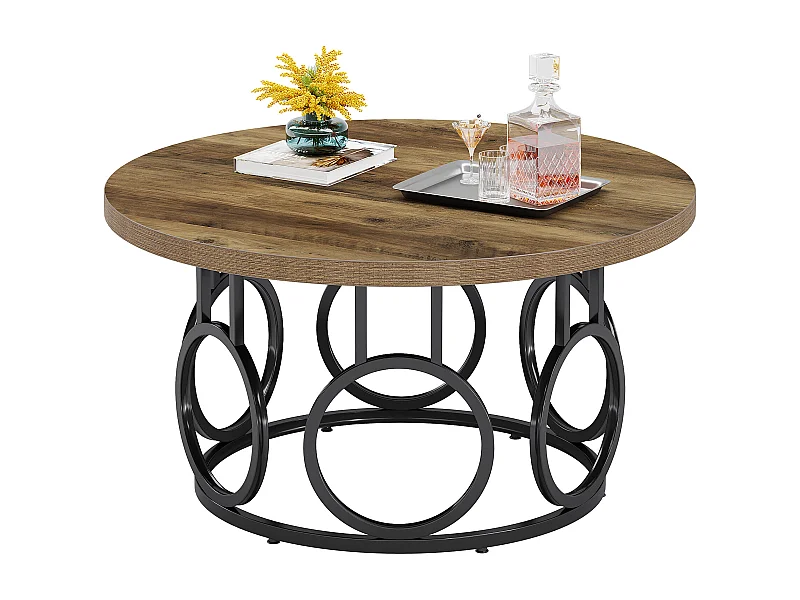 Table basse ronde de 80 cm, table basse circulaire rustique avec base en métal, meuble d'appoint industriel