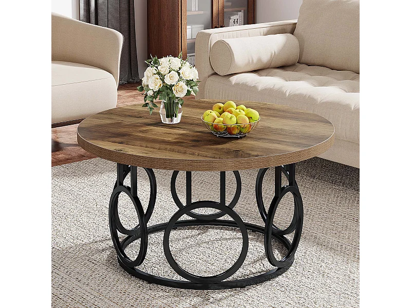 Mesa de café redonda de 80 cm, mesa de café circular rústica con base de metal, mueble de acento industrial
