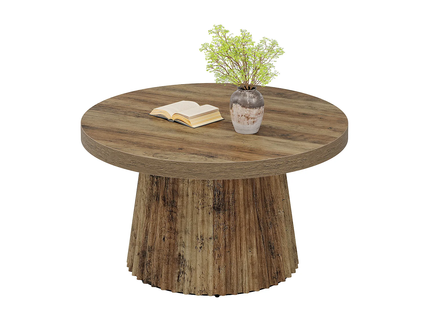 Table basse ronde, table centrale tambour moderne de 80 cm avec base cannelée et finition grain de bois