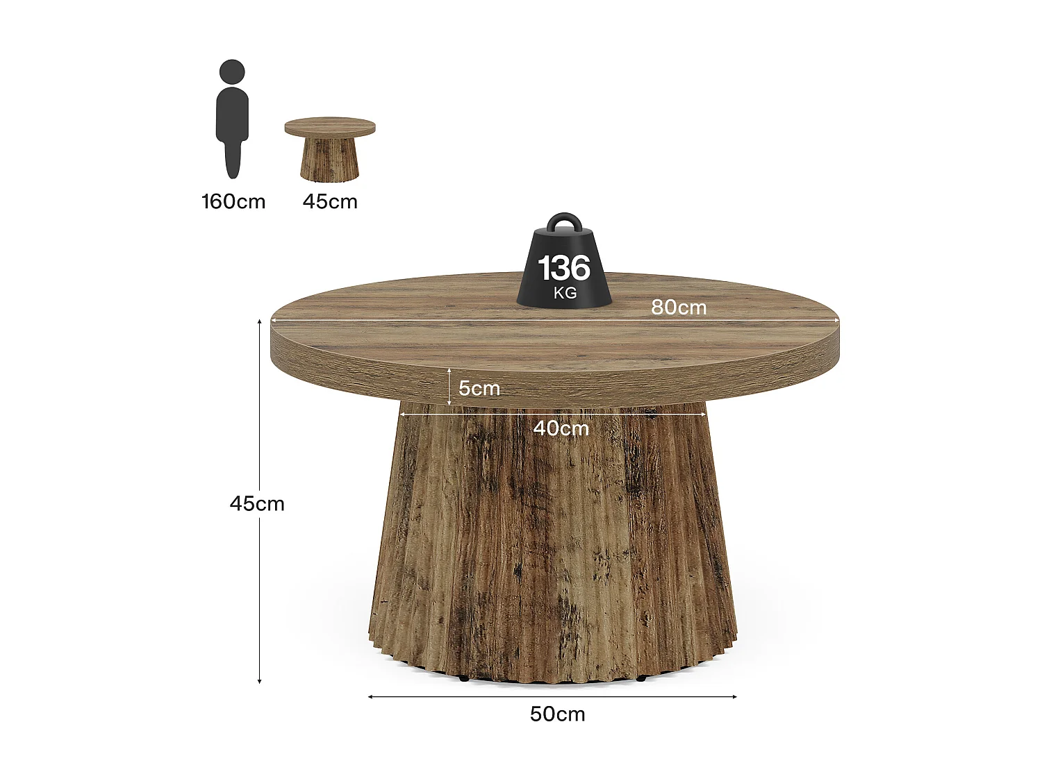 Table basse ronde, table centrale tambour moderne de 80 cm avec base cannelée et finition grain de bois