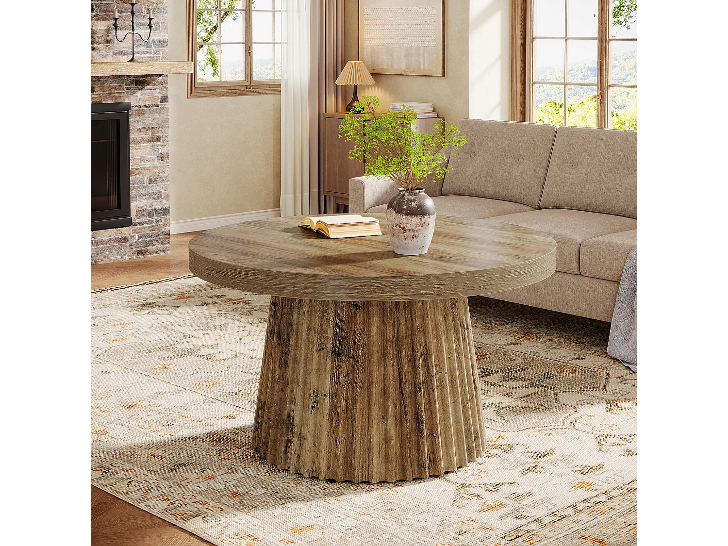 Table basse ronde, table centrale tambour moderne de 80 cm avec base cannelée et finition grain de bois