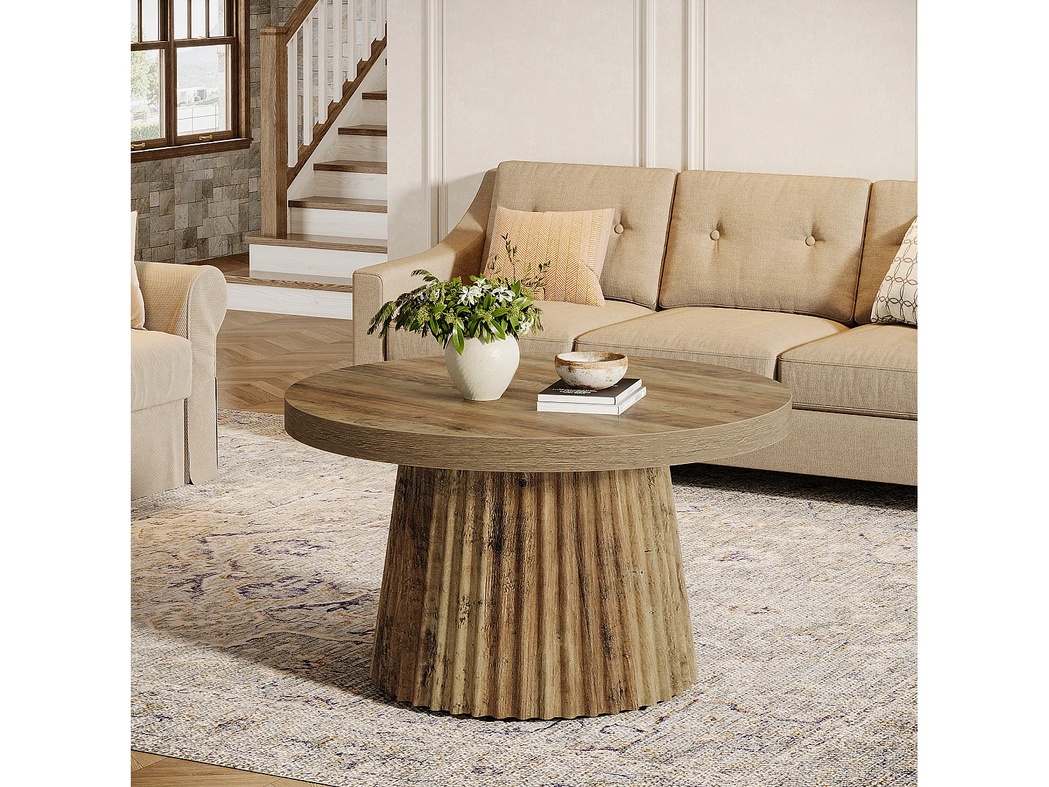 Table basse ronde, table centrale tambour moderne de 80 cm avec base cannelée et finition grain de bois