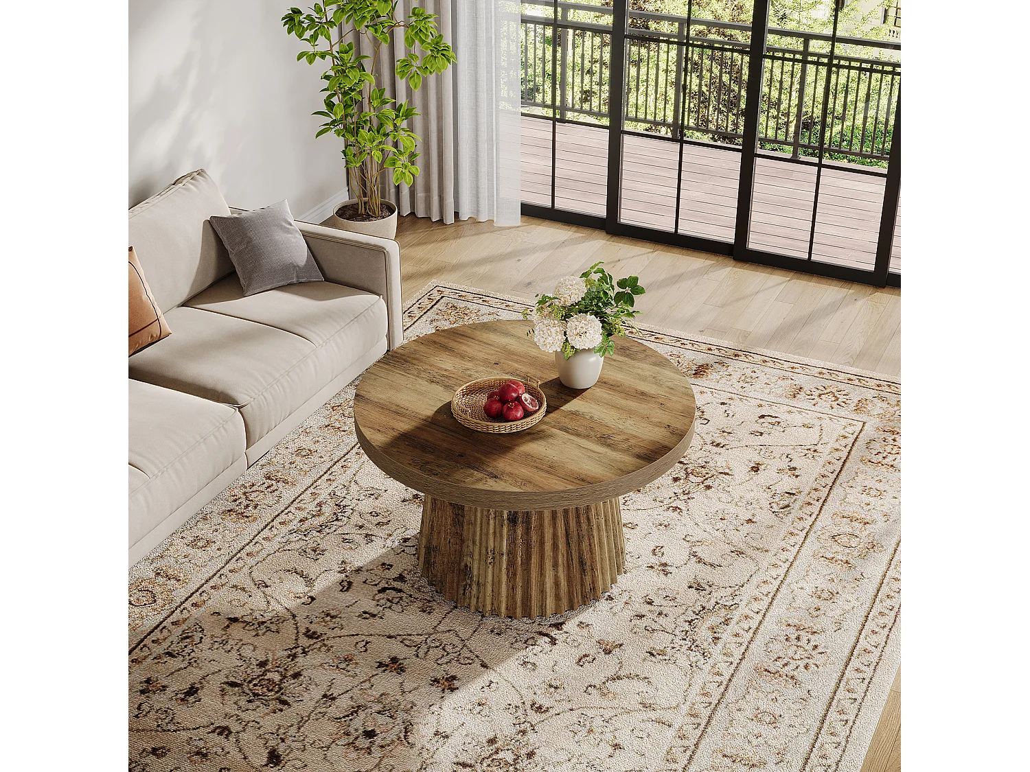 Table basse ronde, table centrale tambour moderne de 80 cm avec base cannelée et finition grain de bois