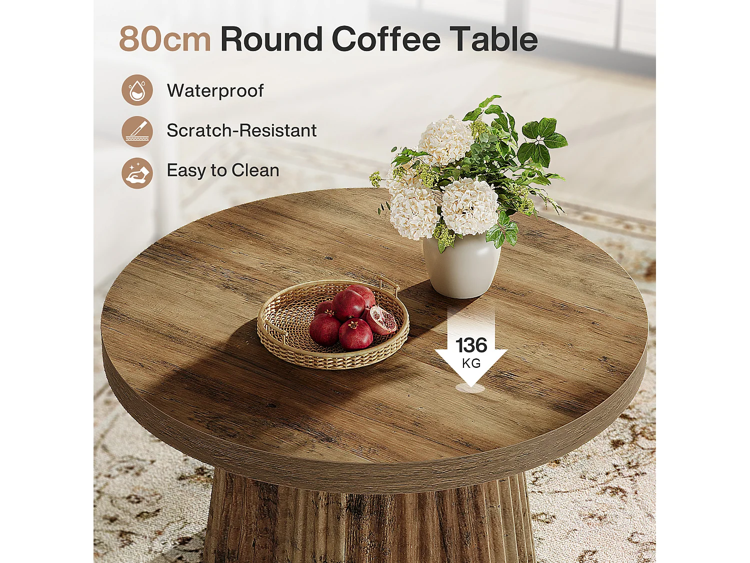 Table basse ronde, table centrale tambour moderne de 80 cm avec base cannelée et finition grain de bois