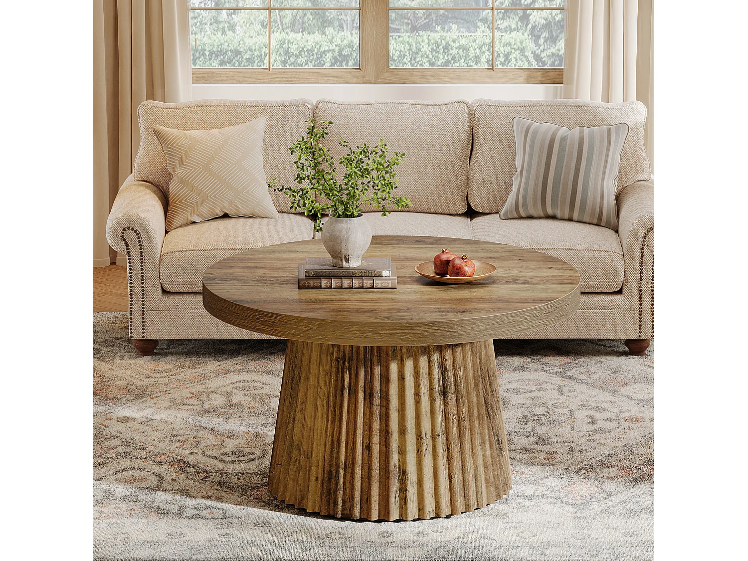 Table basse ronde, table centrale tambour moderne de 80 cm avec base cannelée et finition grain de bois