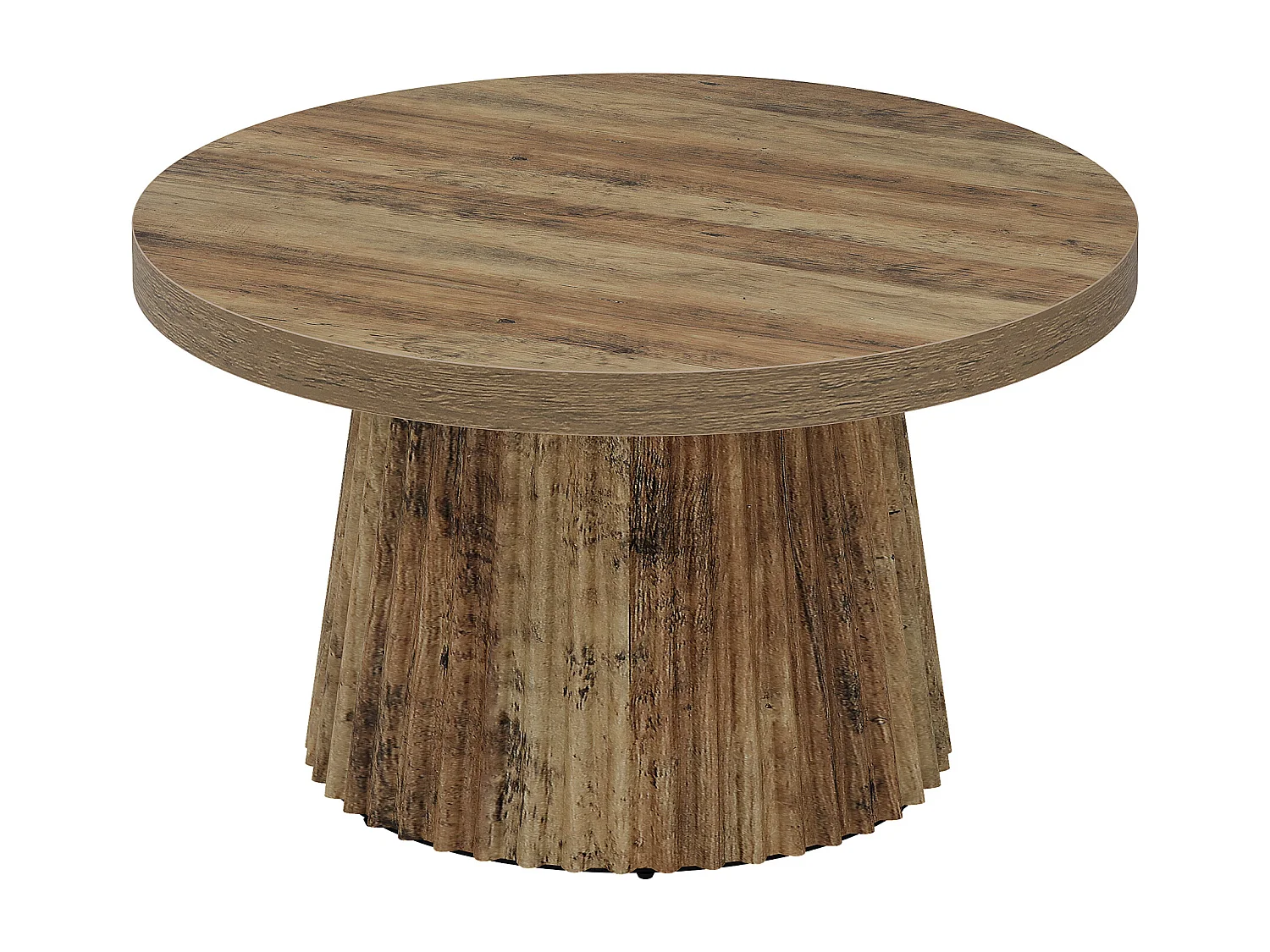 Table basse ronde, table centrale tambour moderne de 80 cm avec base cannelée et finition grain de bois
