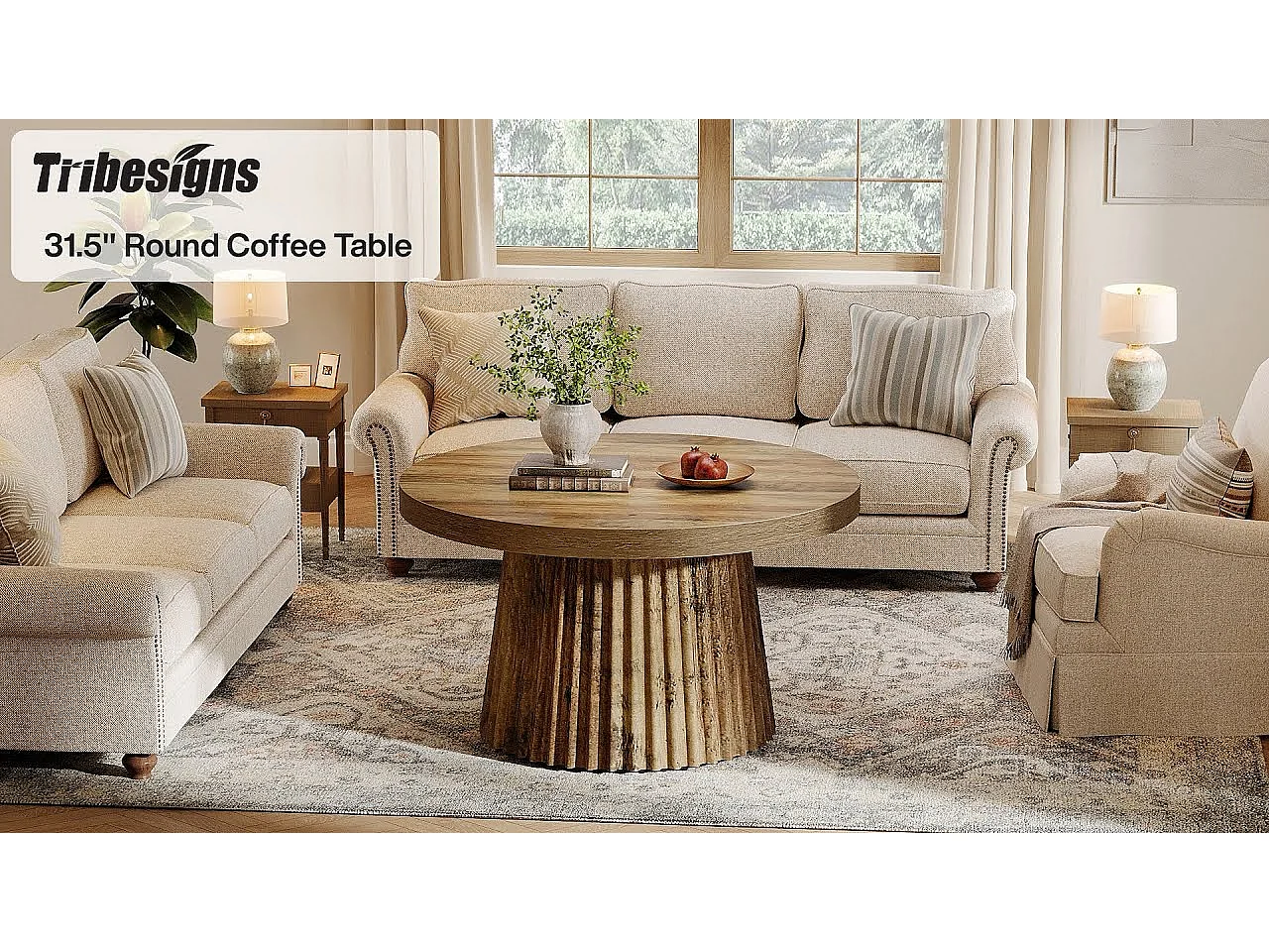 Runder Couchtisch, 80 cm moderner Trommel-Zentertisch mit geriffeltem Sockel und Holzmaserungsoberfläche