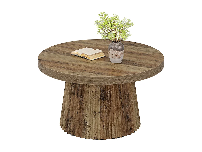 Table basse ronde, table centrale tambour moderne de 80 cm avec base cannelée et finition grain de bois
