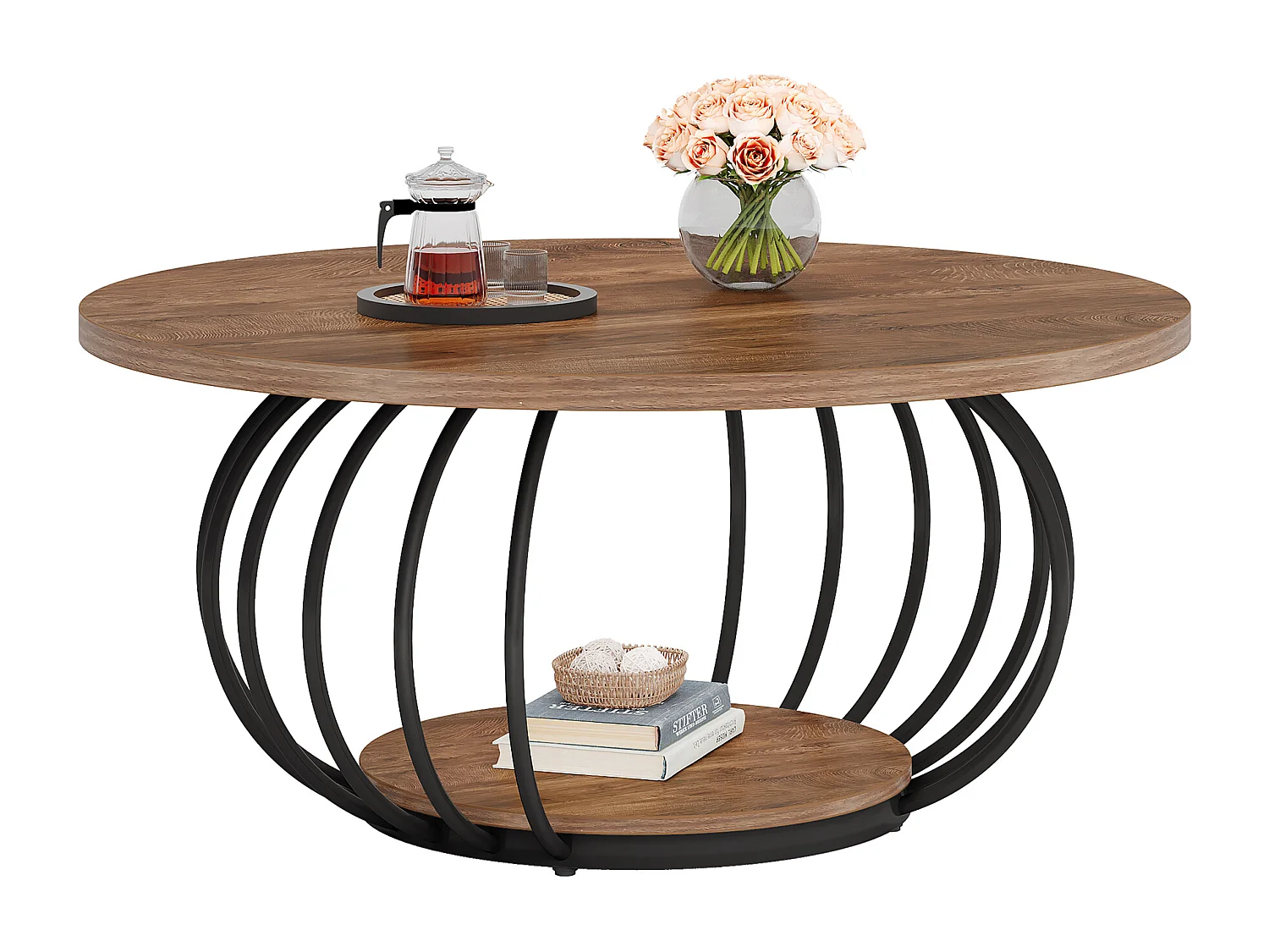 Table basse ronde de salon, table basse industrielle en bois à 2 niveaux, 100 cm, avec étagère de rangement.