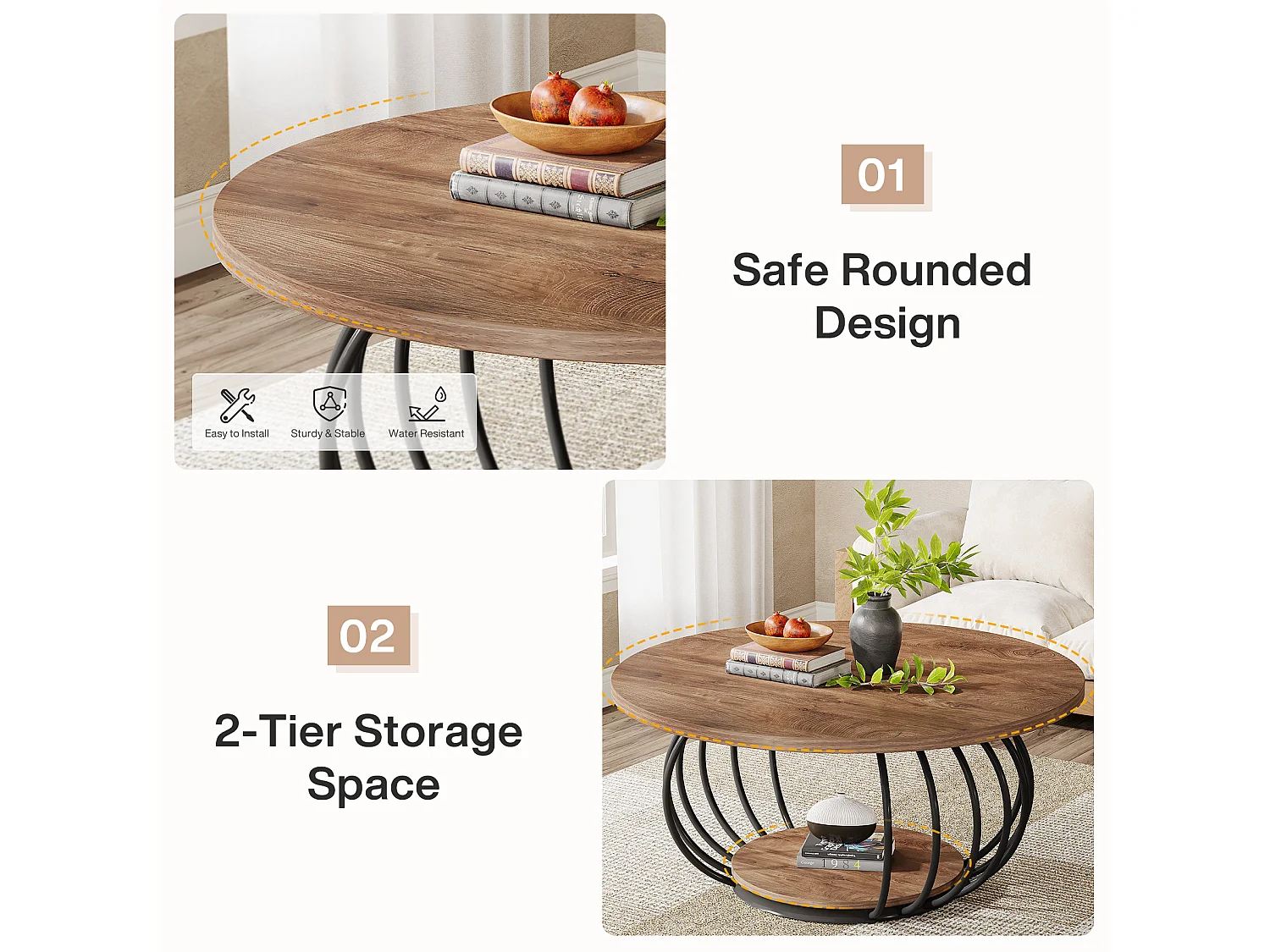 Table basse ronde de salon, table basse industrielle en bois à 2 niveaux, 100 cm, avec étagère de rangement.