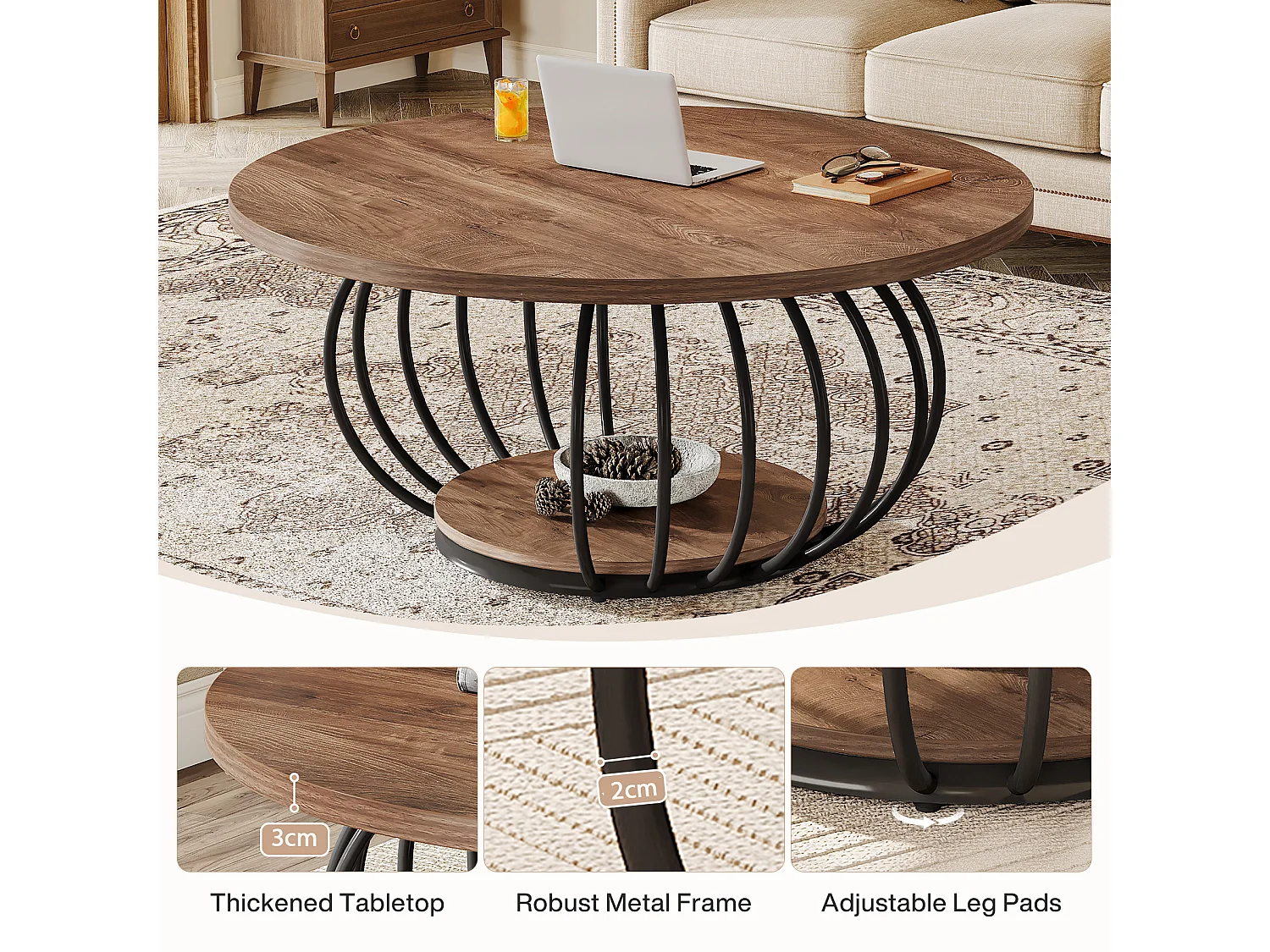 Table basse ronde de salon, table basse industrielle en bois à 2 niveaux, 100 cm, avec étagère de rangement.