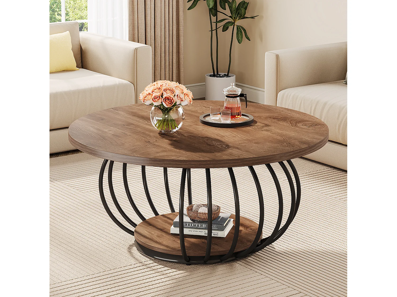 Table basse ronde de salon, table basse industrielle en bois à 2 niveaux, 100 cm, avec étagère de rangement.