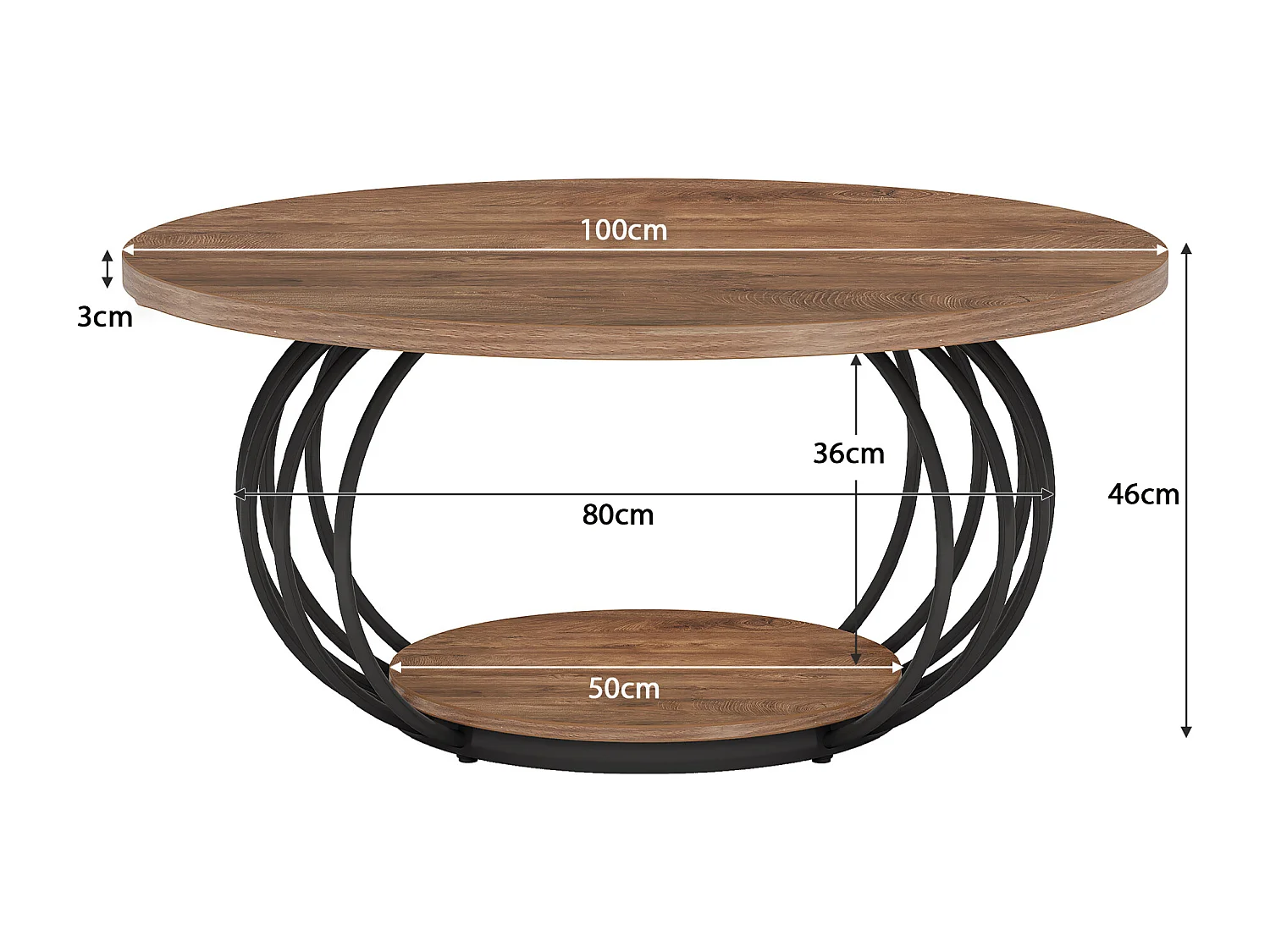 Table basse ronde de salon, table basse industrielle en bois à 2 niveaux, 100 cm, avec étagère de rangement.