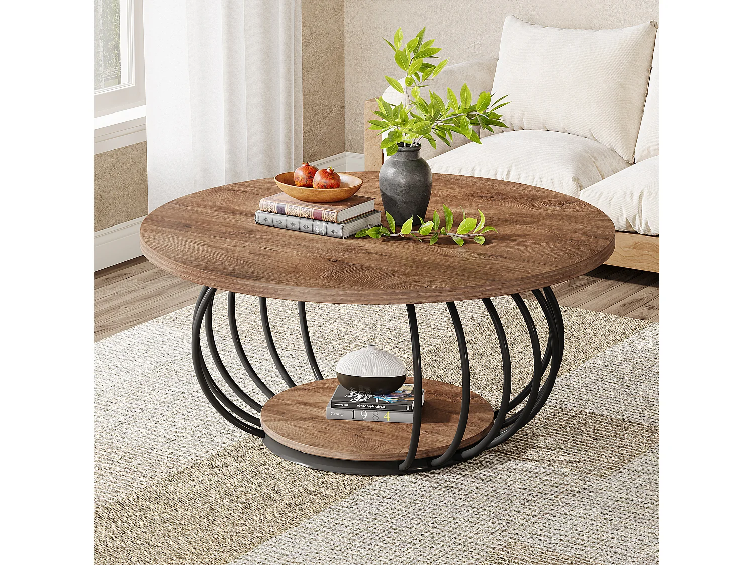 Table basse ronde de salon, table basse industrielle en bois à 2 niveaux, 100 cm, avec étagère de rangement.