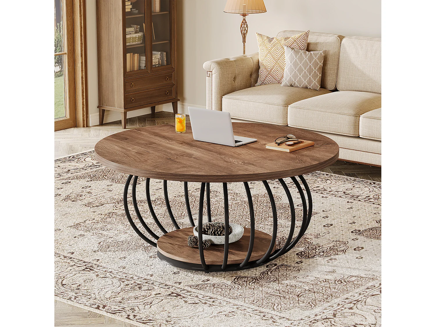 Table basse ronde de salon, table basse industrielle en bois à 2 niveaux, 100 cm, avec étagère de rangement.