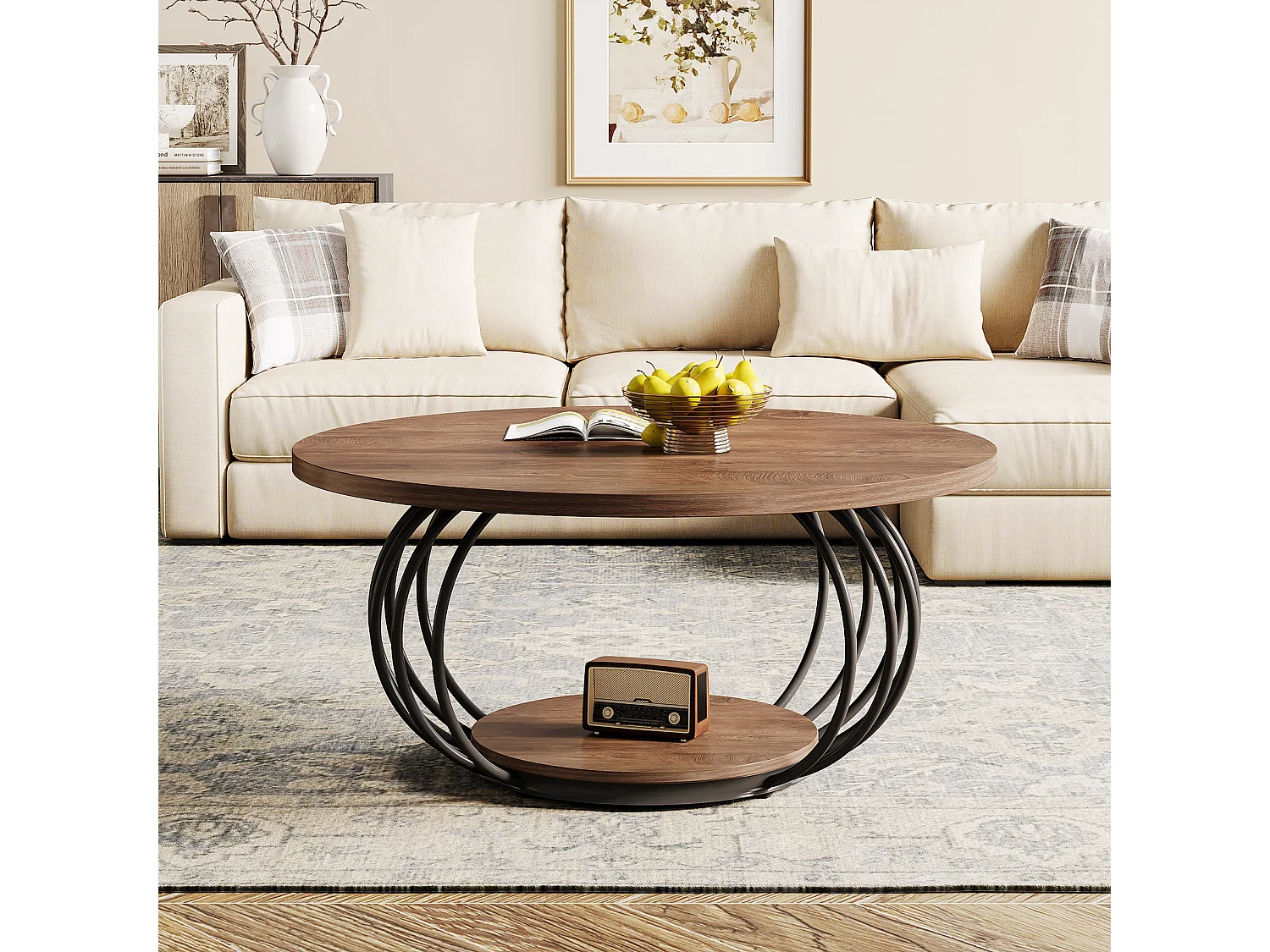 Table basse ronde de salon, table basse industrielle en bois à 2 niveaux, 100 cm, avec étagère de rangement.