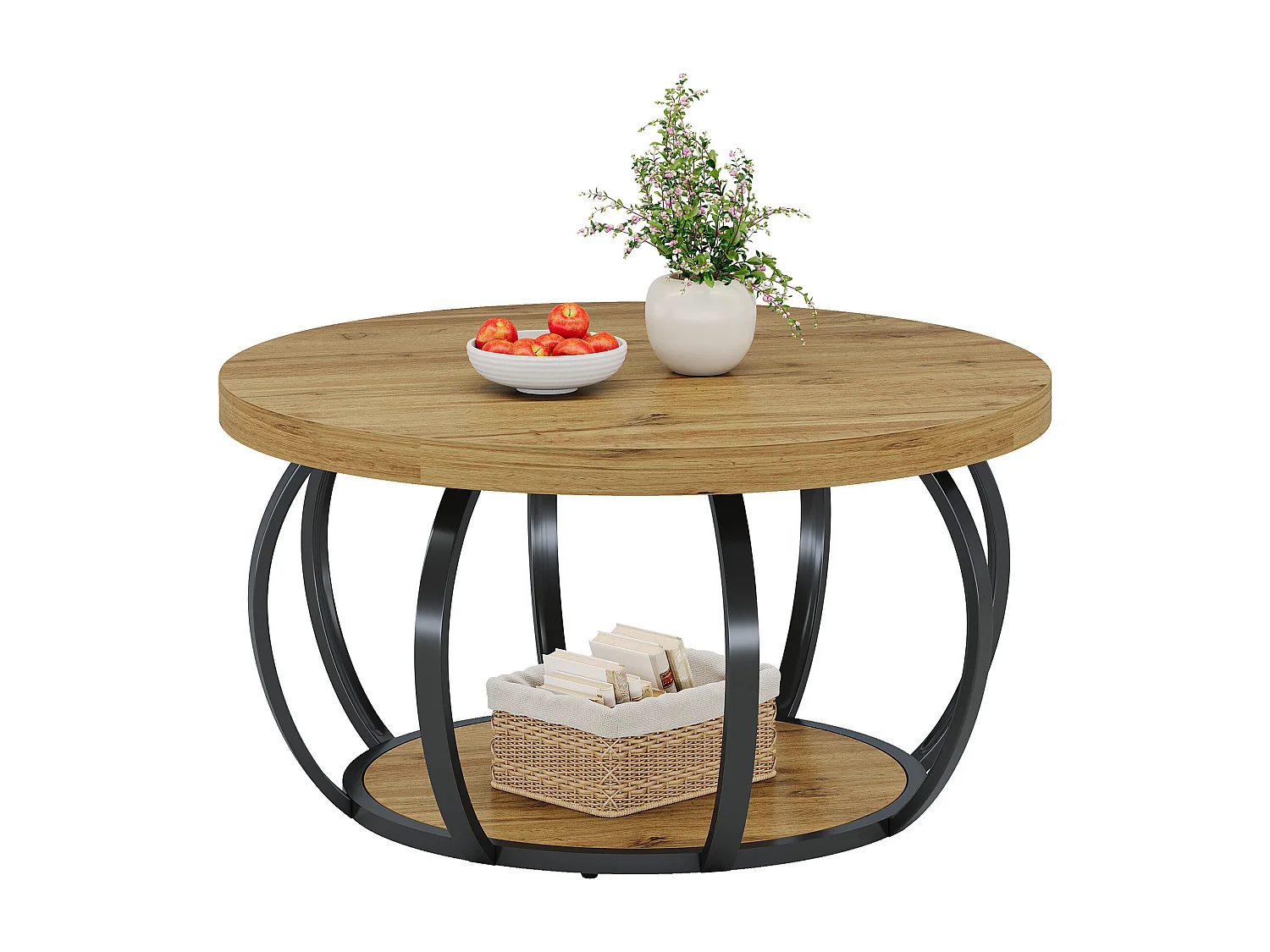 Table basse ronde, table basse industrielle à 2 niveaux avec étagères de rangement, table d'appoint moderne en bois pour canapé